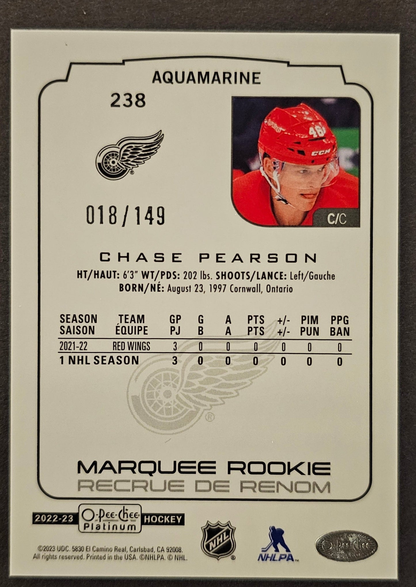 Chase Pearson Marquee Rookie Aquamarine /149 - 2022/23 O-Pee-Chee Platinum
