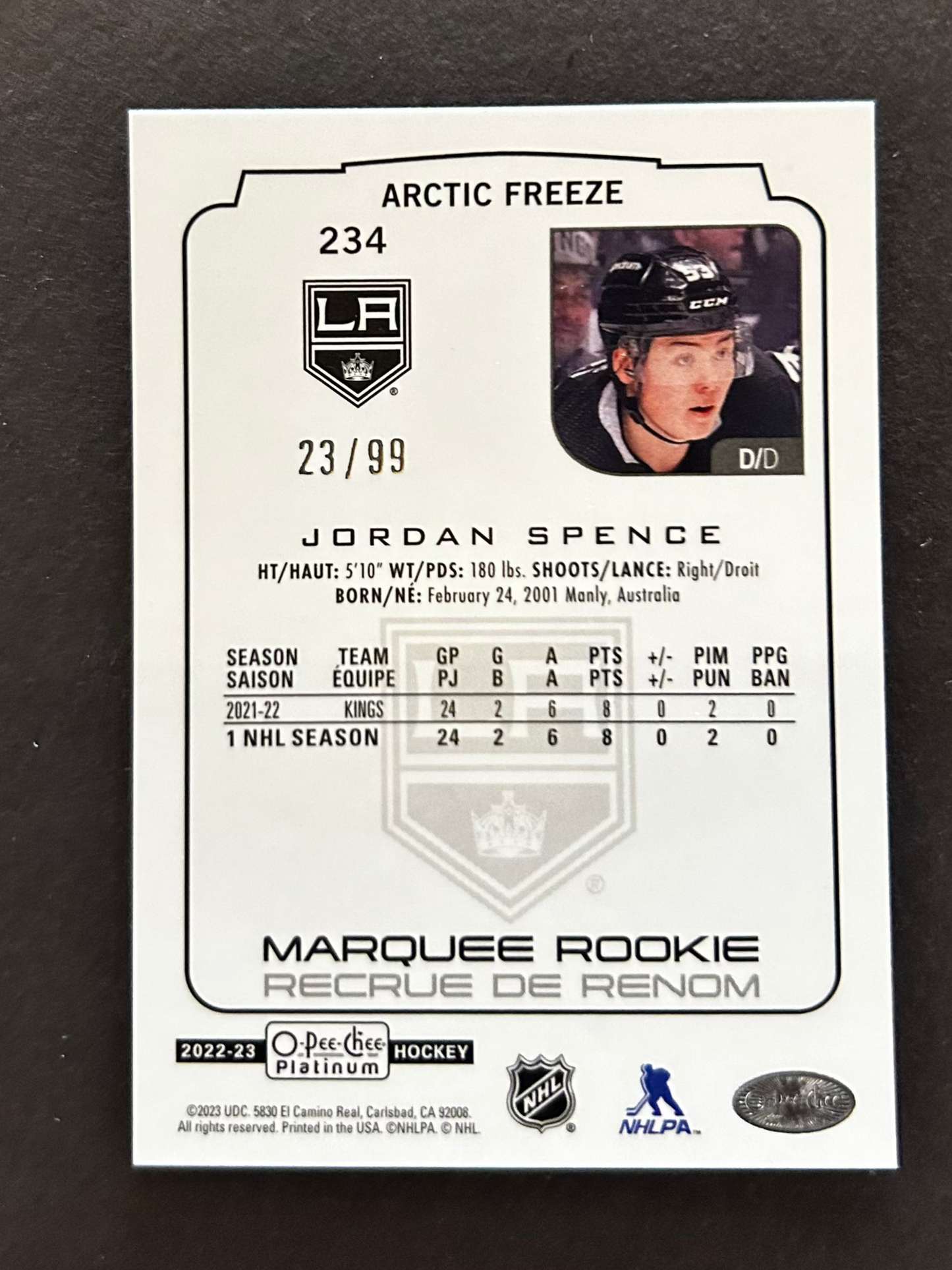 Jordan Spence Marquee Rookie Arctic Freeze /99 - 2022/23 O-Pee-Chee Platinum