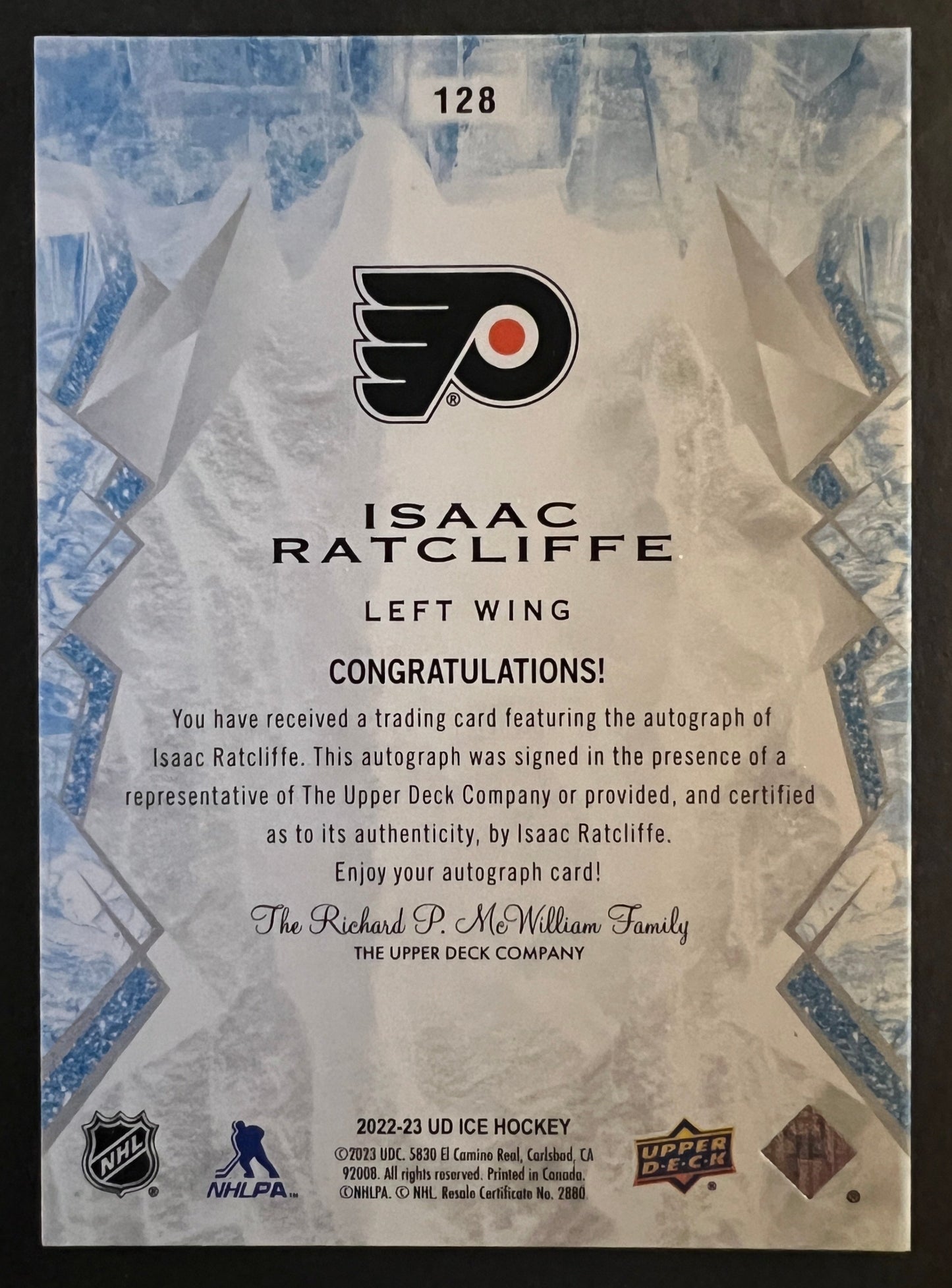 Isaac Ratcliffe White Snowflake Rookie Auto - 2022/23 Ice