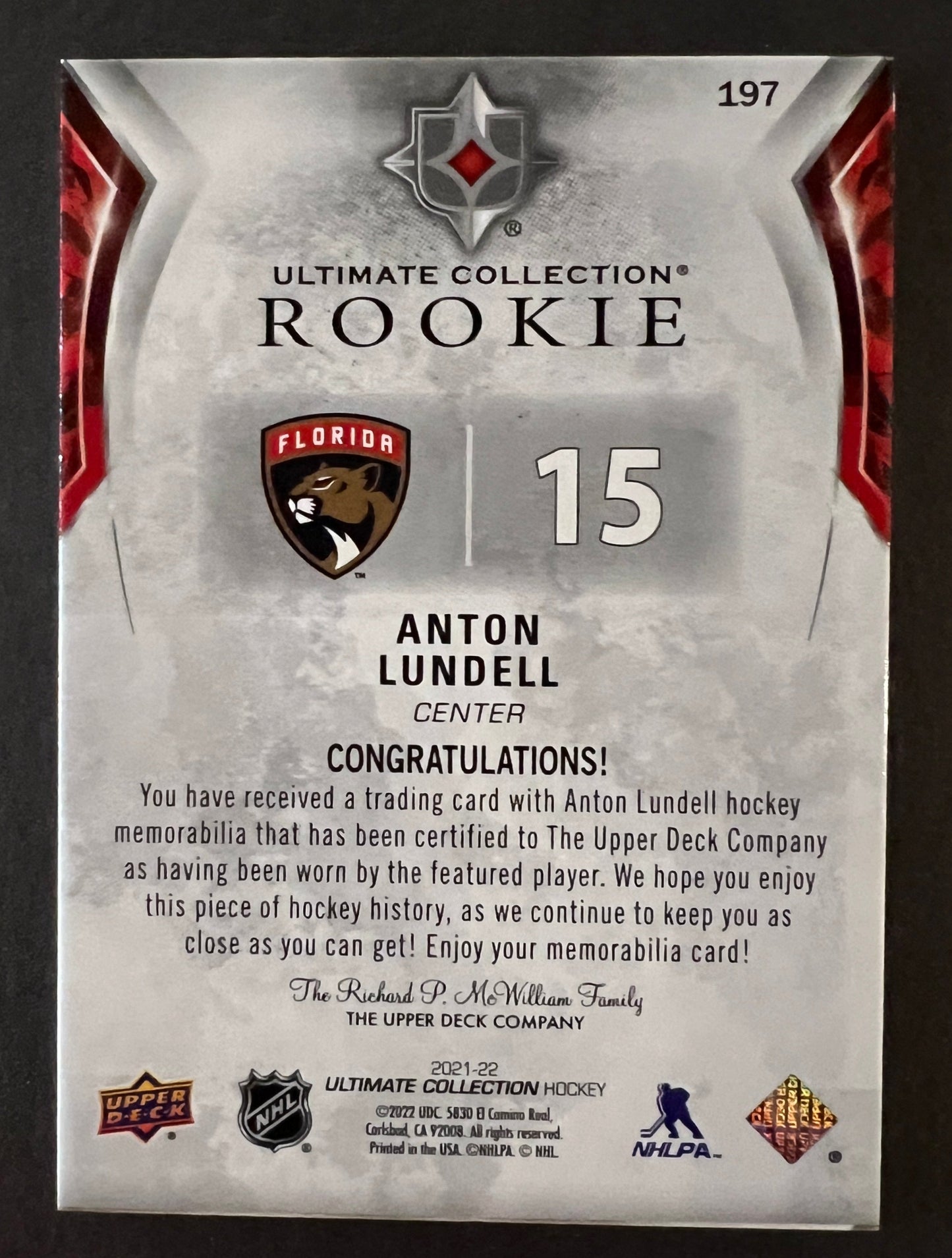 Anton Lundell Rookie Jersey /499 - 2021/22 Ultimate