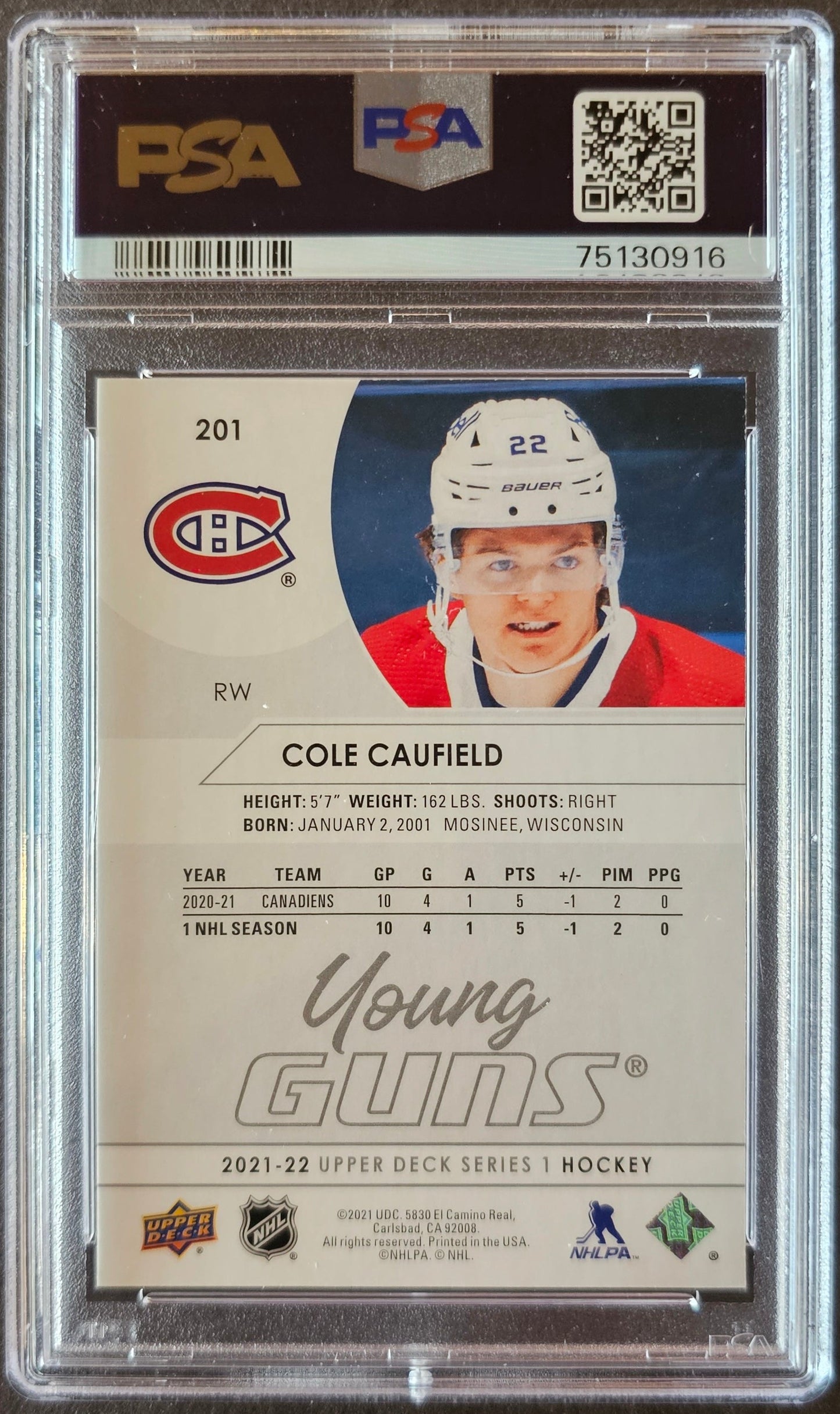 Cole Caufield Young Guns (Rookie) # 201 Graded PSA 9 - 2021/22 Series 1