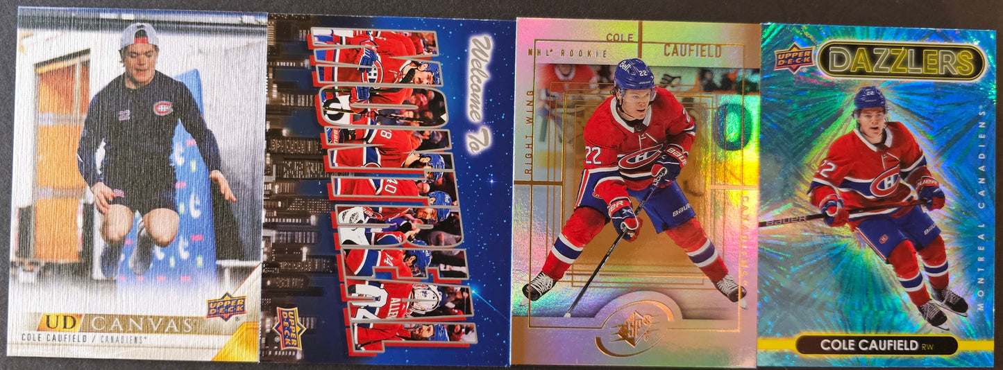 Cole Caufield 4 Card Lot - Blue Dazzlers / SPX Rookie / UD Canvas / Welcome to Montreal