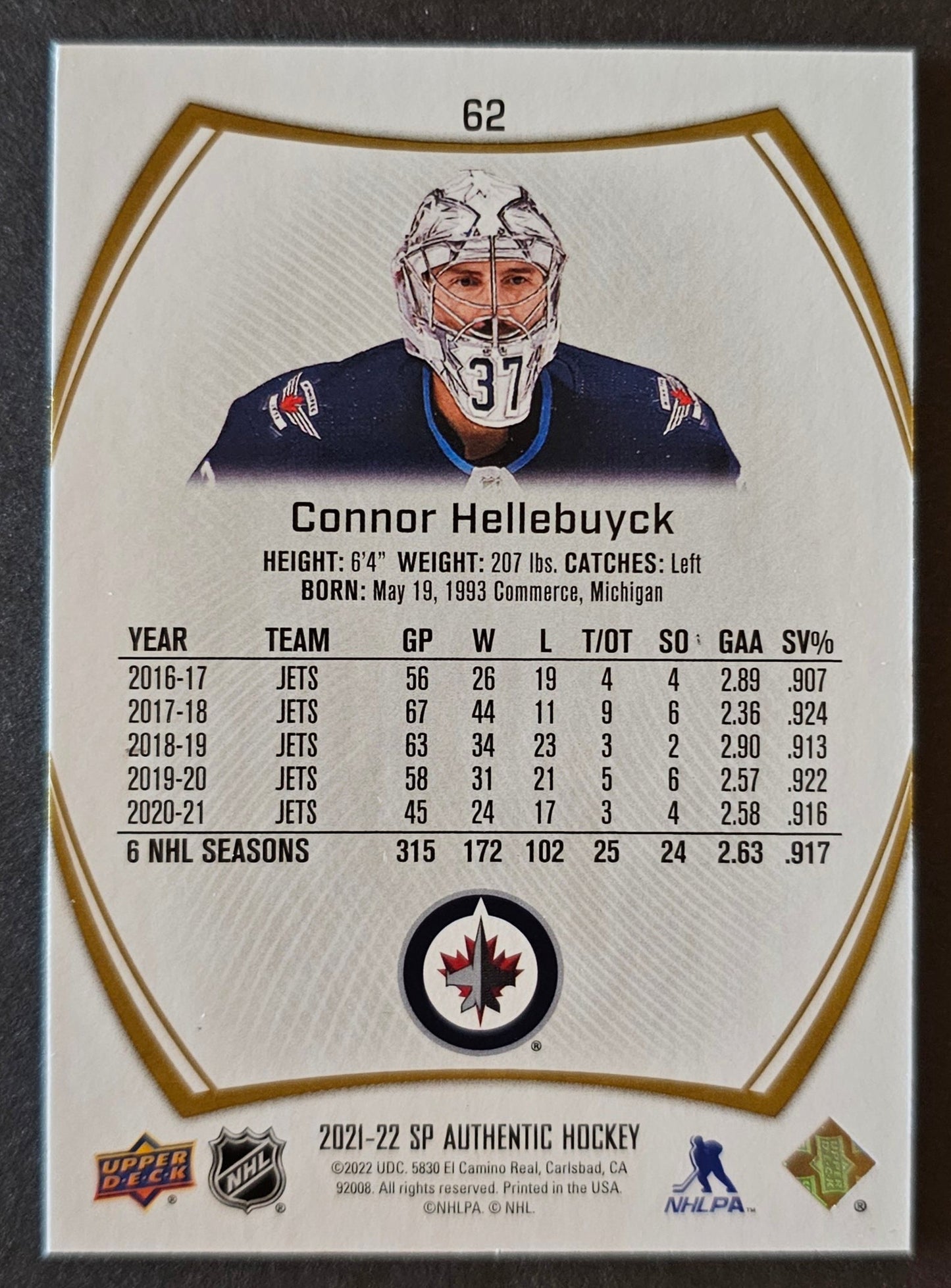 Connor Hellebuyck Limted Gold /99 - 2021/22 SP Authentic