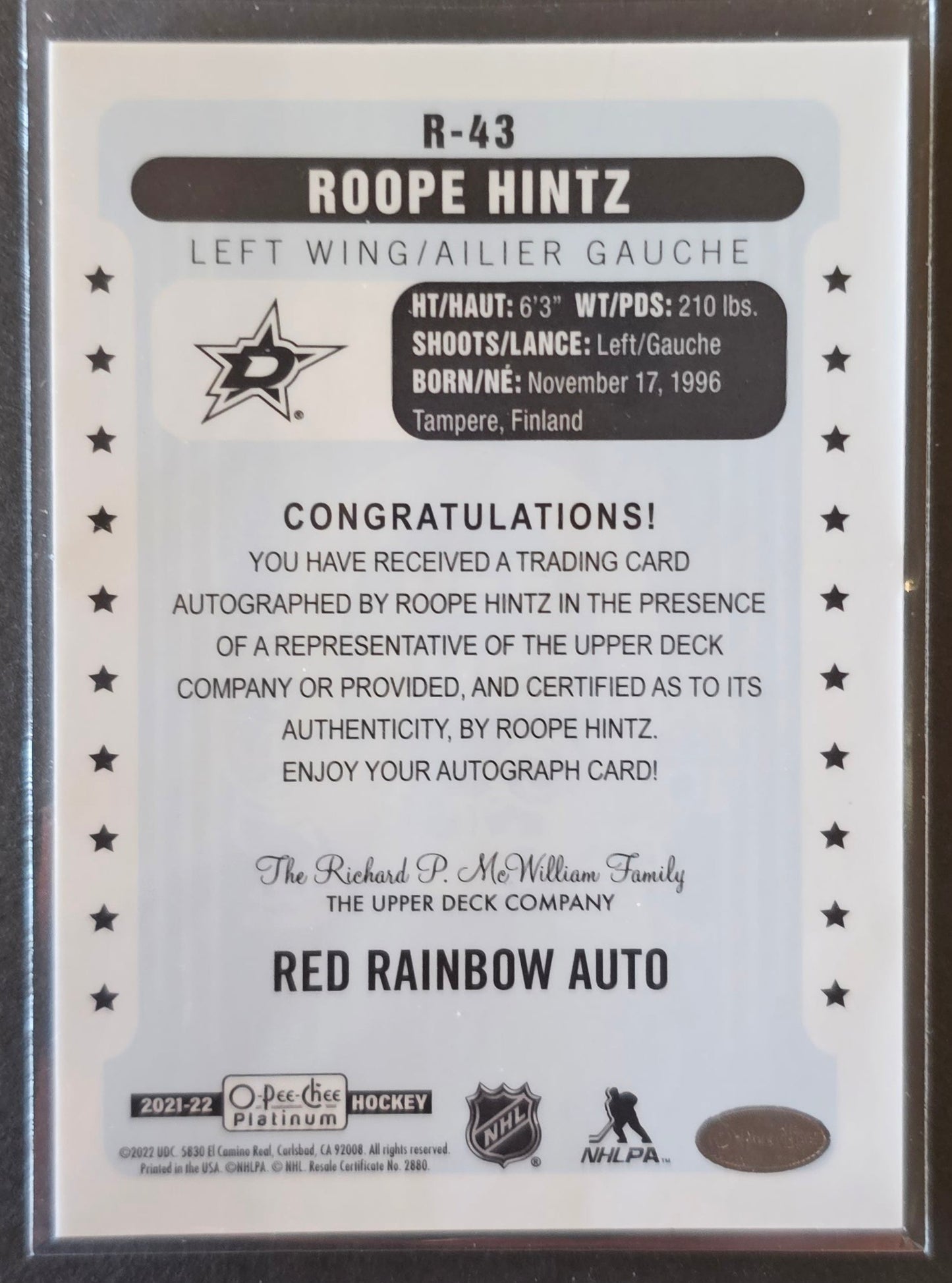 Roope Hintz Red Rainbow Auto OPC Retro - 2021/22 O-Pee-Chee Platinum
