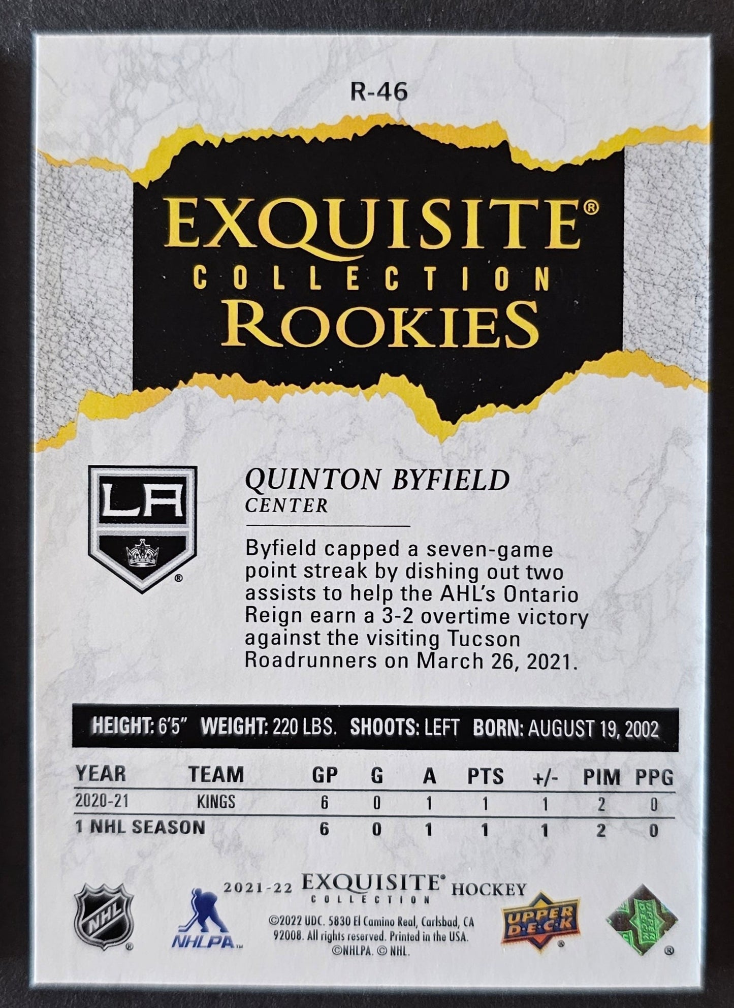 Quinton Byfield Exquisite Rookies Collection Gold /99 - 2021/22 Exquisite