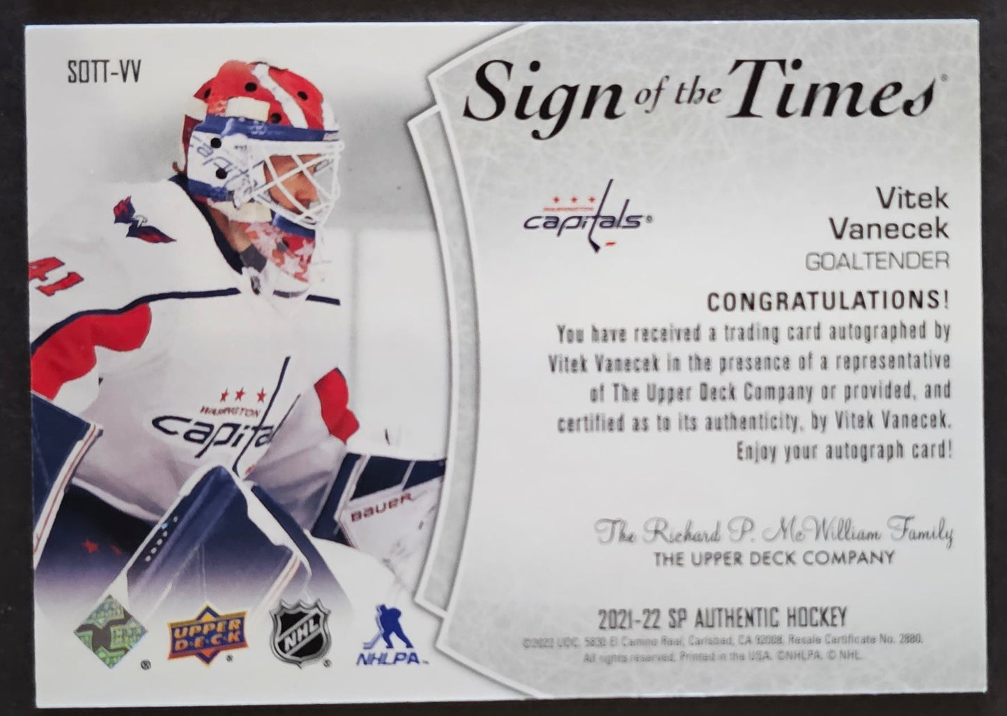 Vitek Vanecek Sign Of The Times Auto - 2021/22 SP Authentic