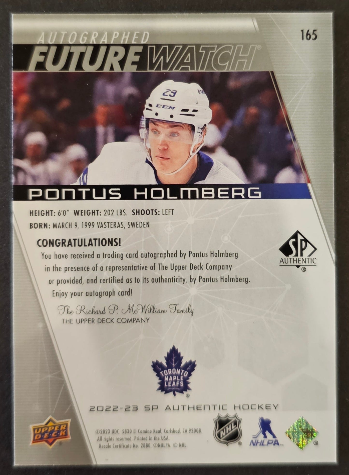 Pontus Holmberg Future Watch Auto #165 /999 - 2022/23 Sp Authentic