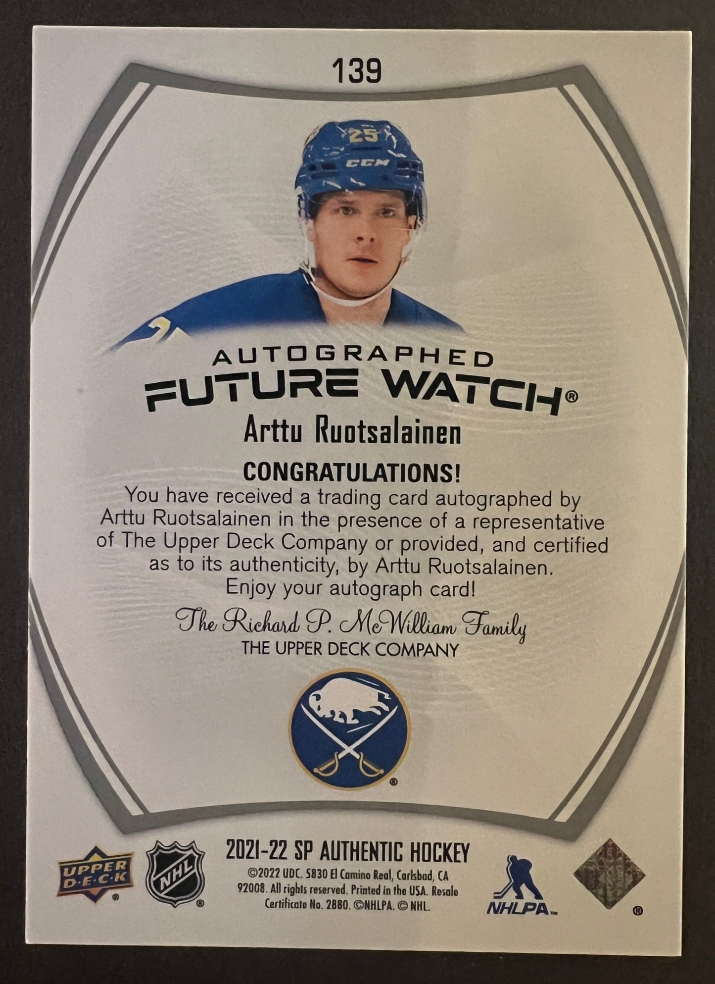 Arttu Ruotsalainen Future Watch Auto /999 - 2021/22 SP Authentic