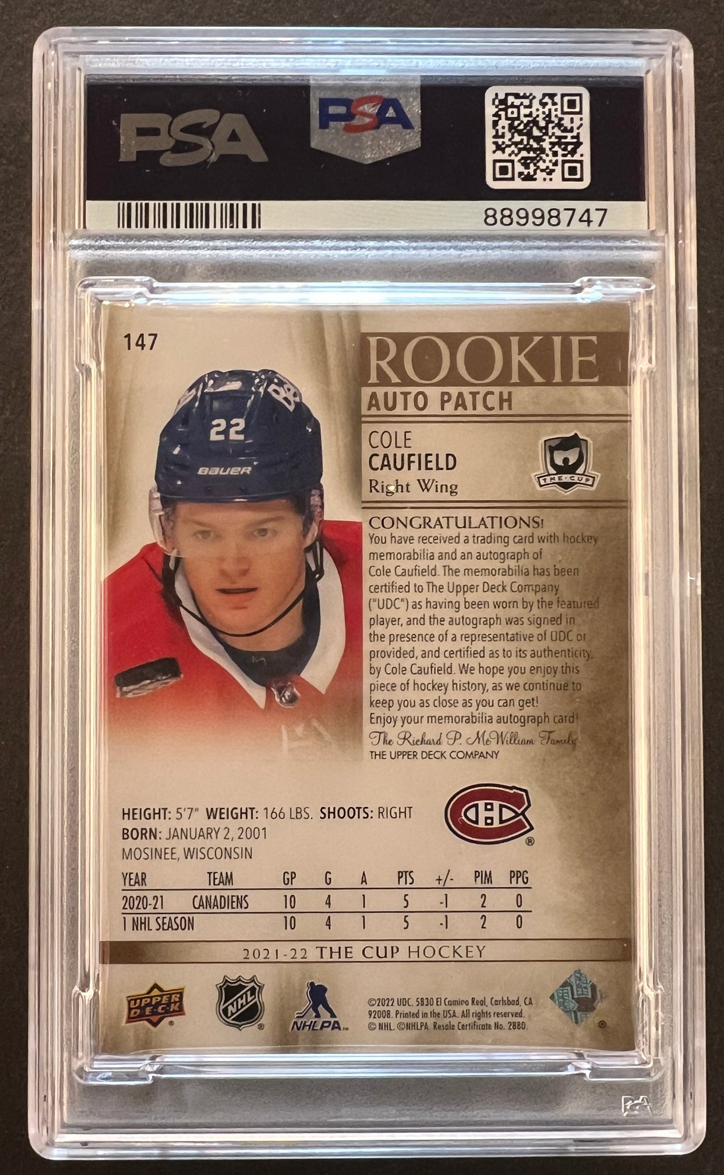 Cole Caufield Rookie Auto Patch Gold /12 - PSA 8 - 2021/22 The Cup