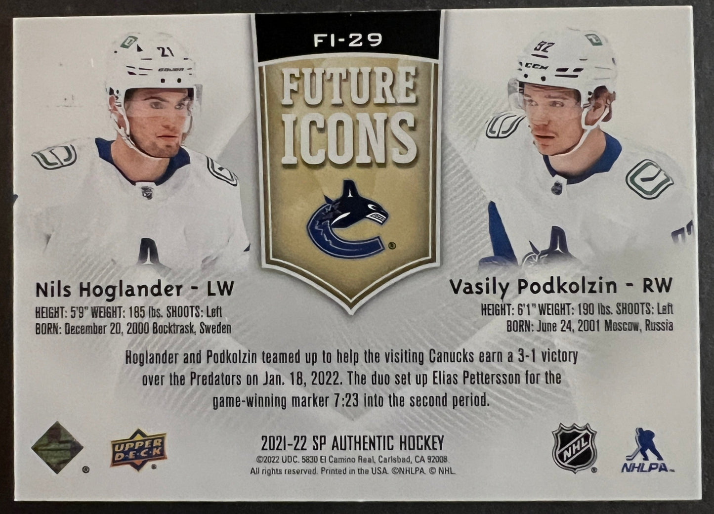Hoglander / Podkolzin Canucks Future Icons /399 - 2022/23 SP Authentic