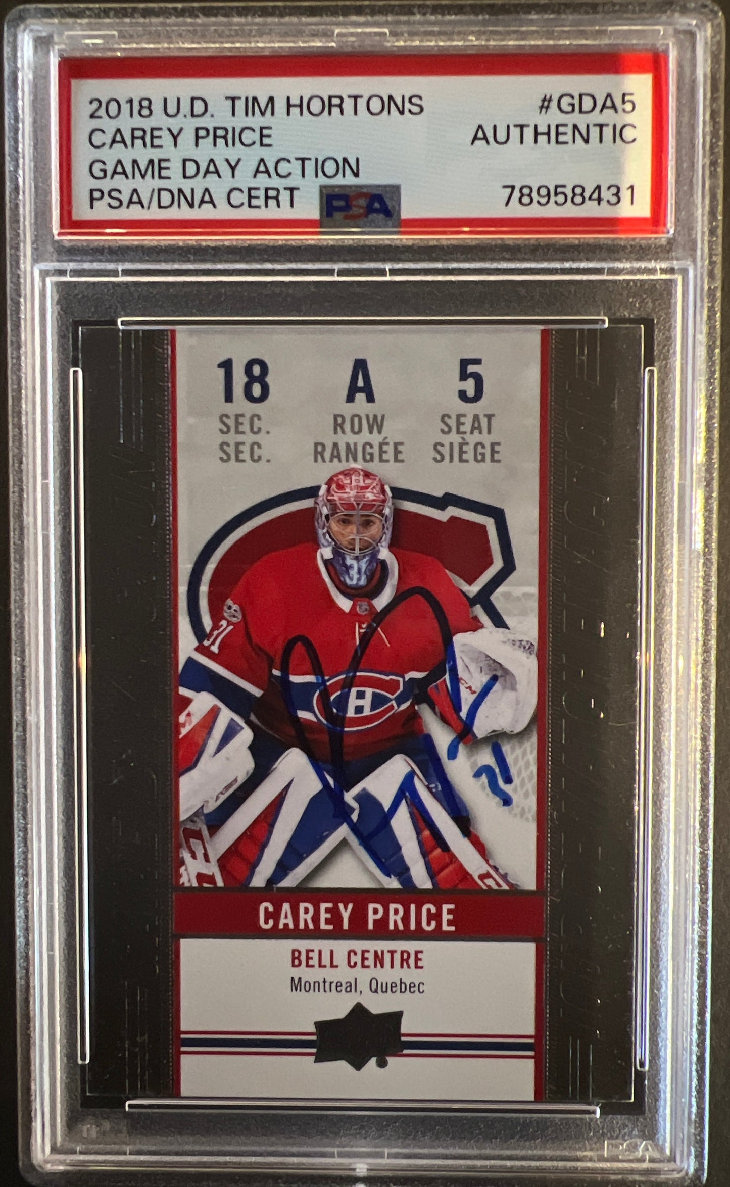 Carey Price Game Day Action Autograph - PSA Authenticated - 2018 Tim Horton's
