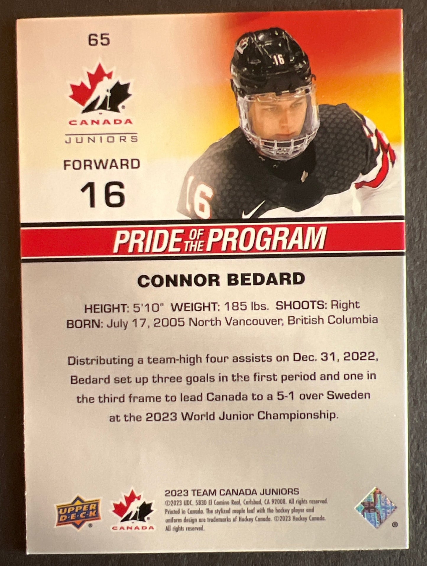 Connor Bedard Pride Of The Program #65 - 2023 Team Canada Juniors
