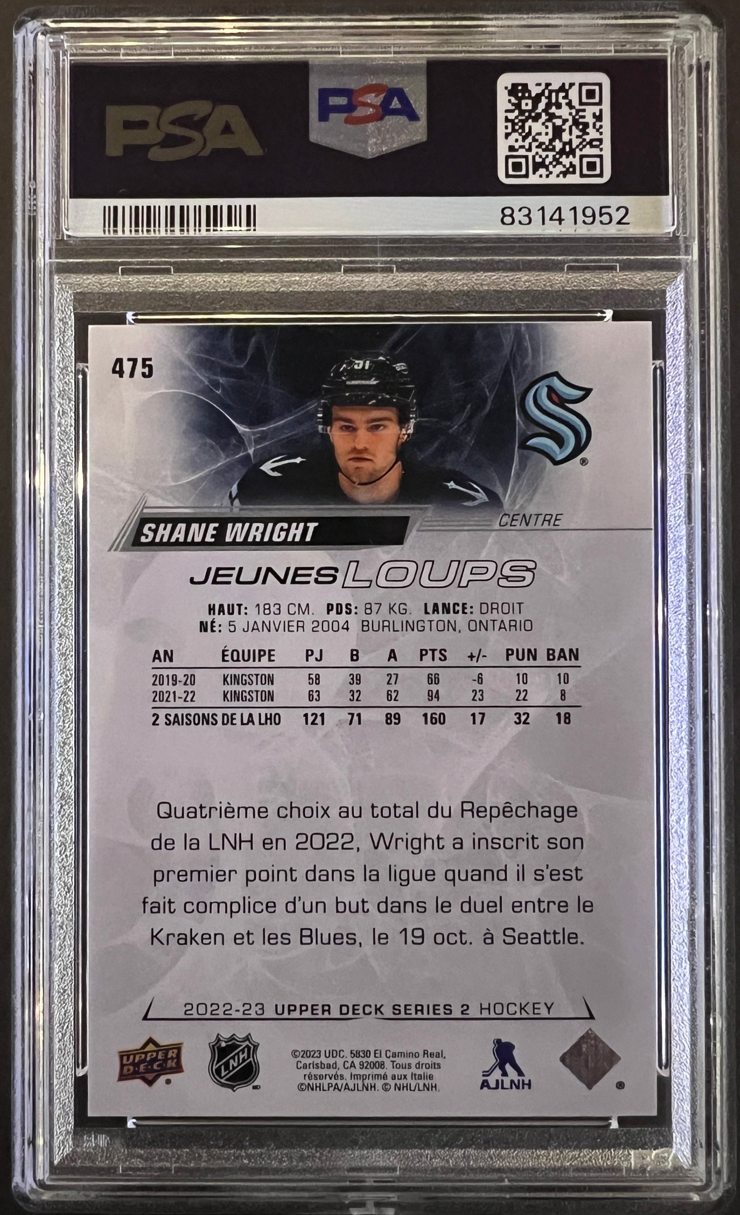 Shane Wright Young Guns French Graded PSA 9 - 2022/23 Series 2