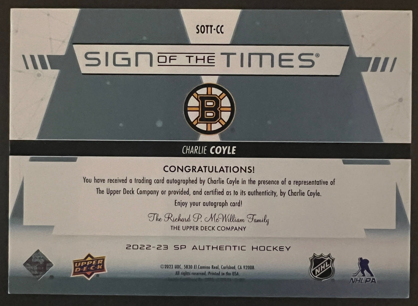 Charlie Coyle Sign Of The Times Black Auto Inscribed /99 - 2022/23 SP Authentic