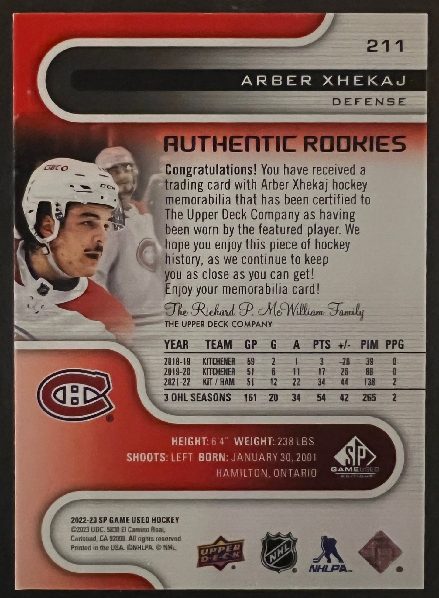 Arber Xhekaj Rookie Authentics Jersey - 2022/23 SP Game Used