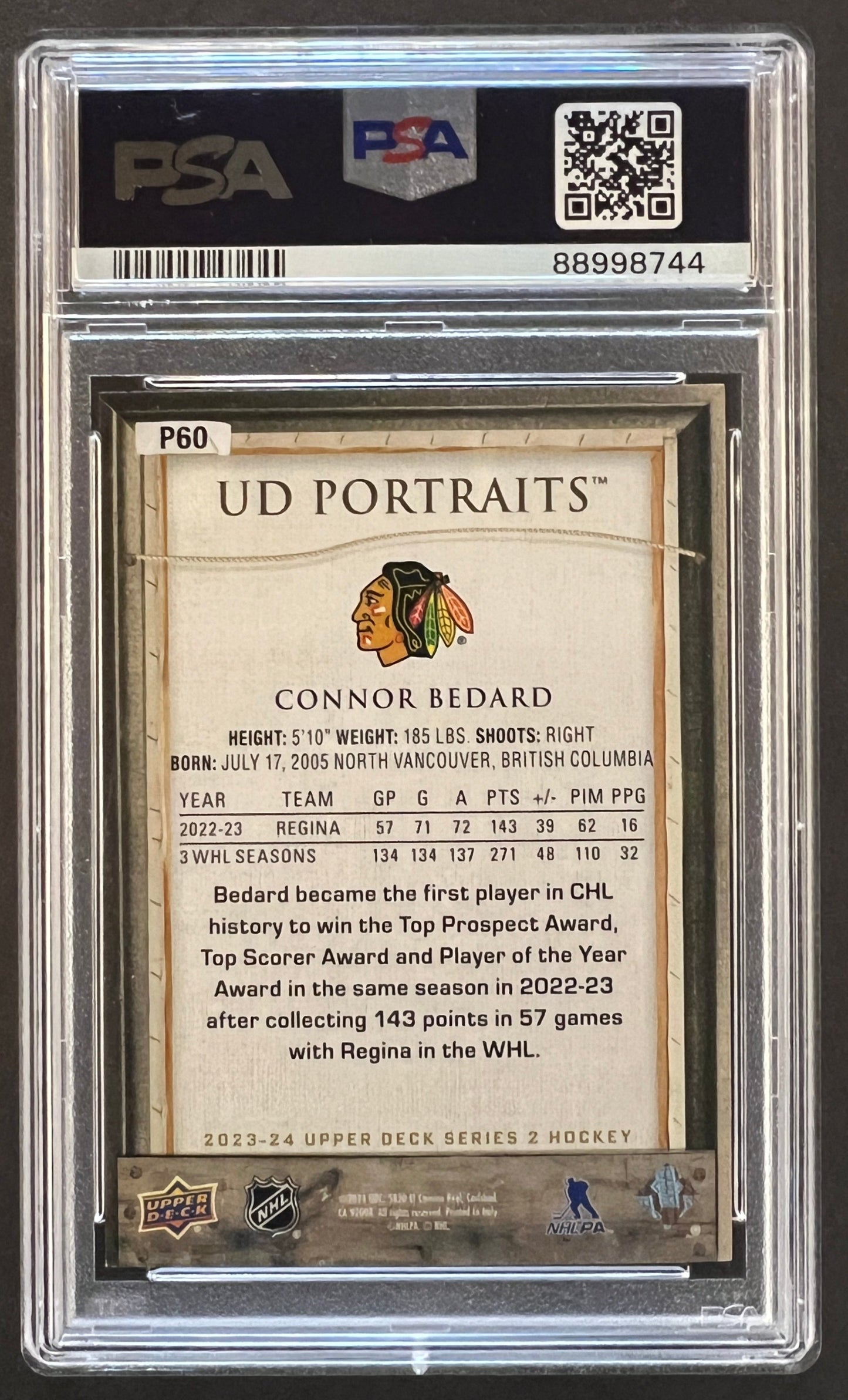 Connor Bedard UD Portraits Graded PSA 10 - 2023/24 Series 2