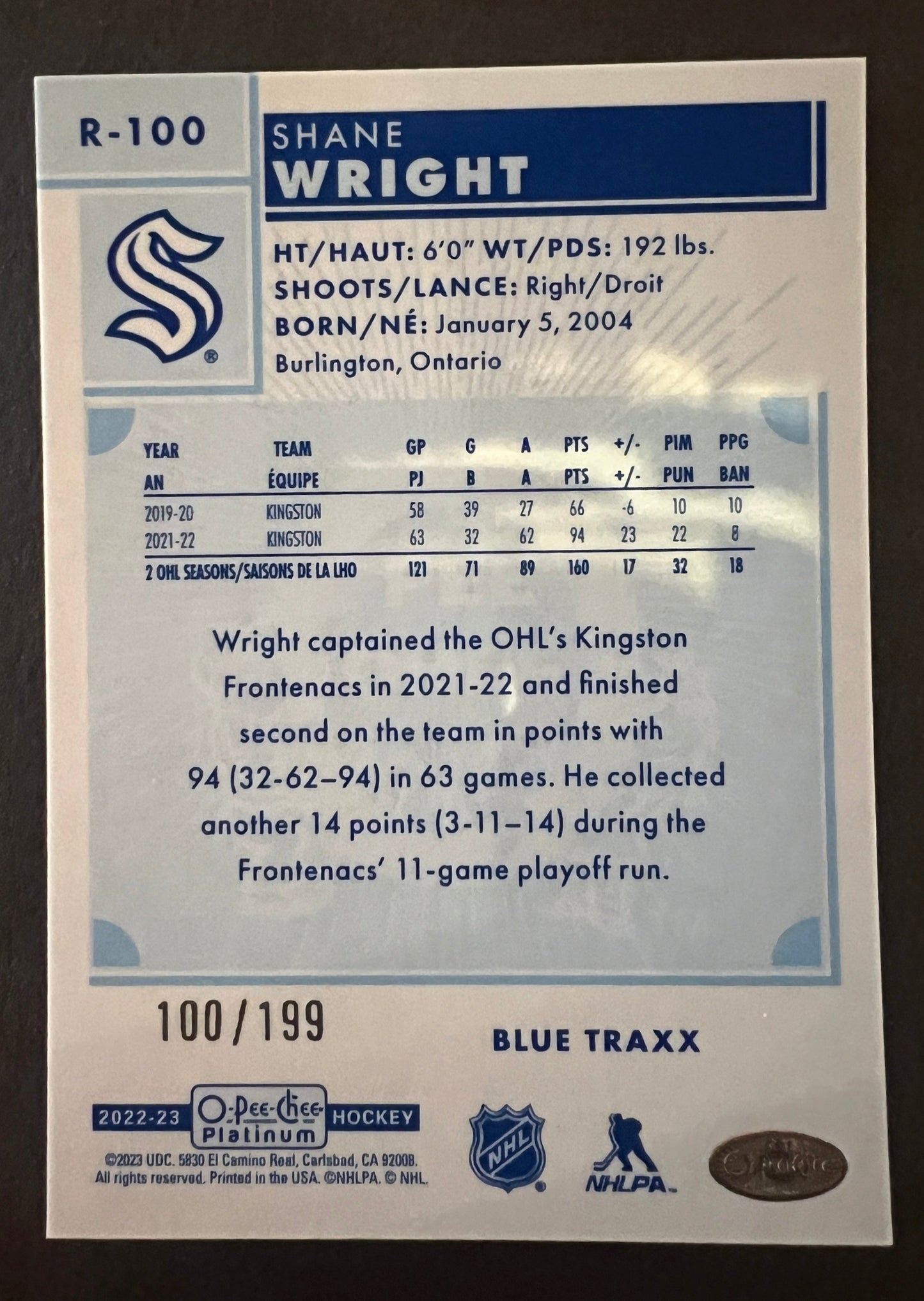Shane Wright Retro Rookie Blue Traxx /199 - 2022/23 O-Pee-Chee Platinum