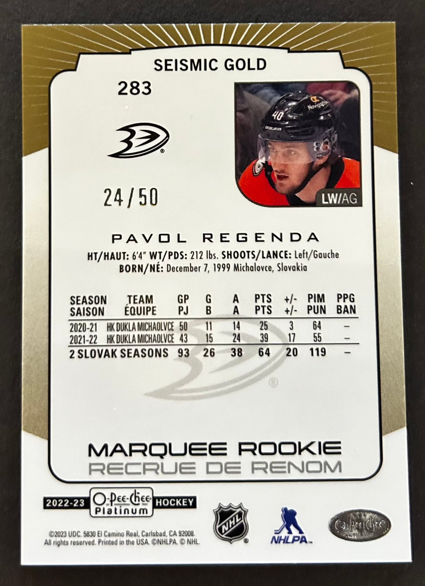 Pavol Regenda Marquee Rookie Seismic Gold /50 - 2022/23 O-Pee-Chee Platinum
