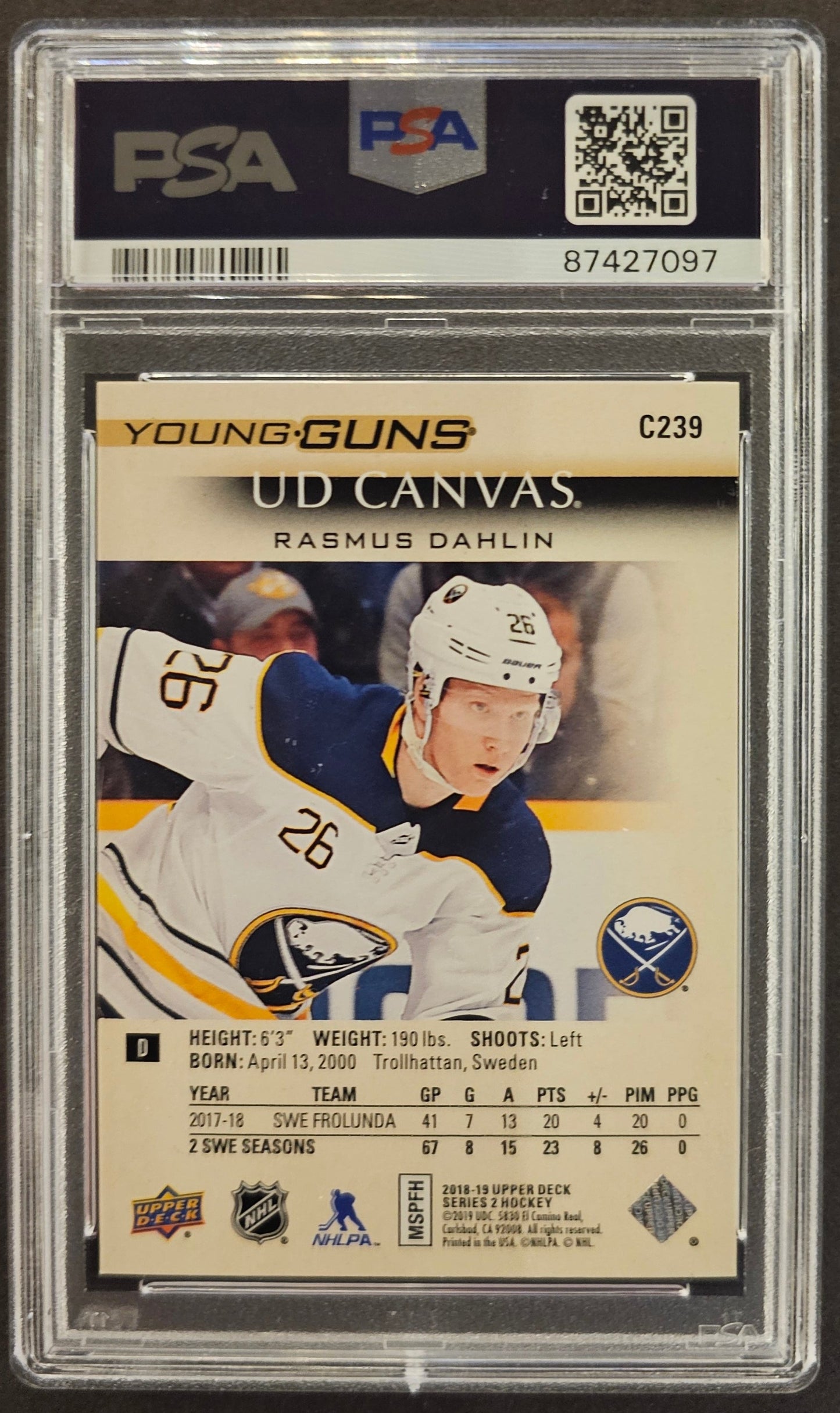 Rasmus Dahlin Young Guns Canvas Graded PSA 10 - 2018-19 Series 2