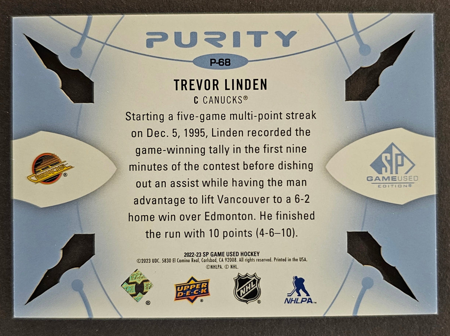 Trevor Linden Purity Platinum /150 - 2022/23 SP Game Used
