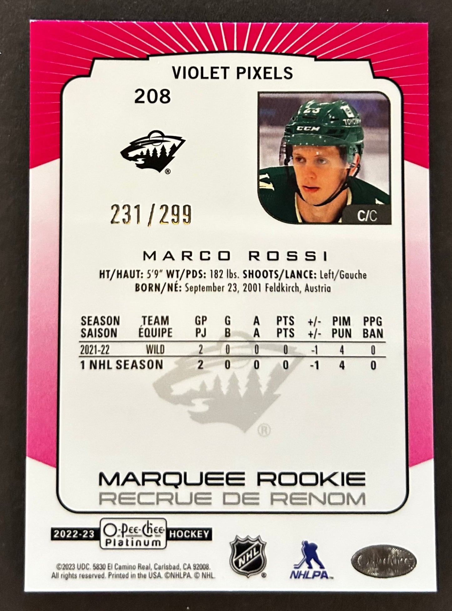 Marco Rossi Marquee Rookie Violet Pixels /299 - 2022/23 O-Pee-Chee-Platinum