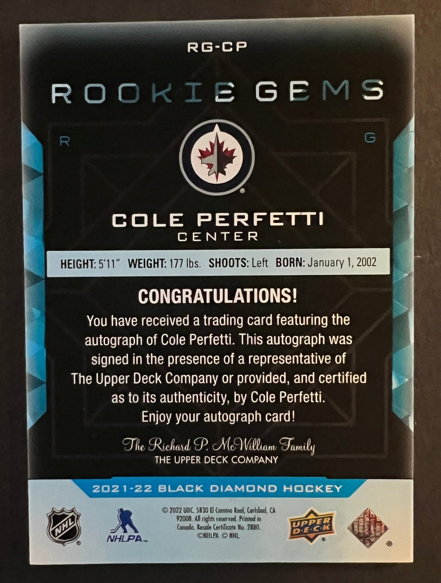 Cole Perfetti Rookie Gems Auto /99 - 2021/22 Black Diamond