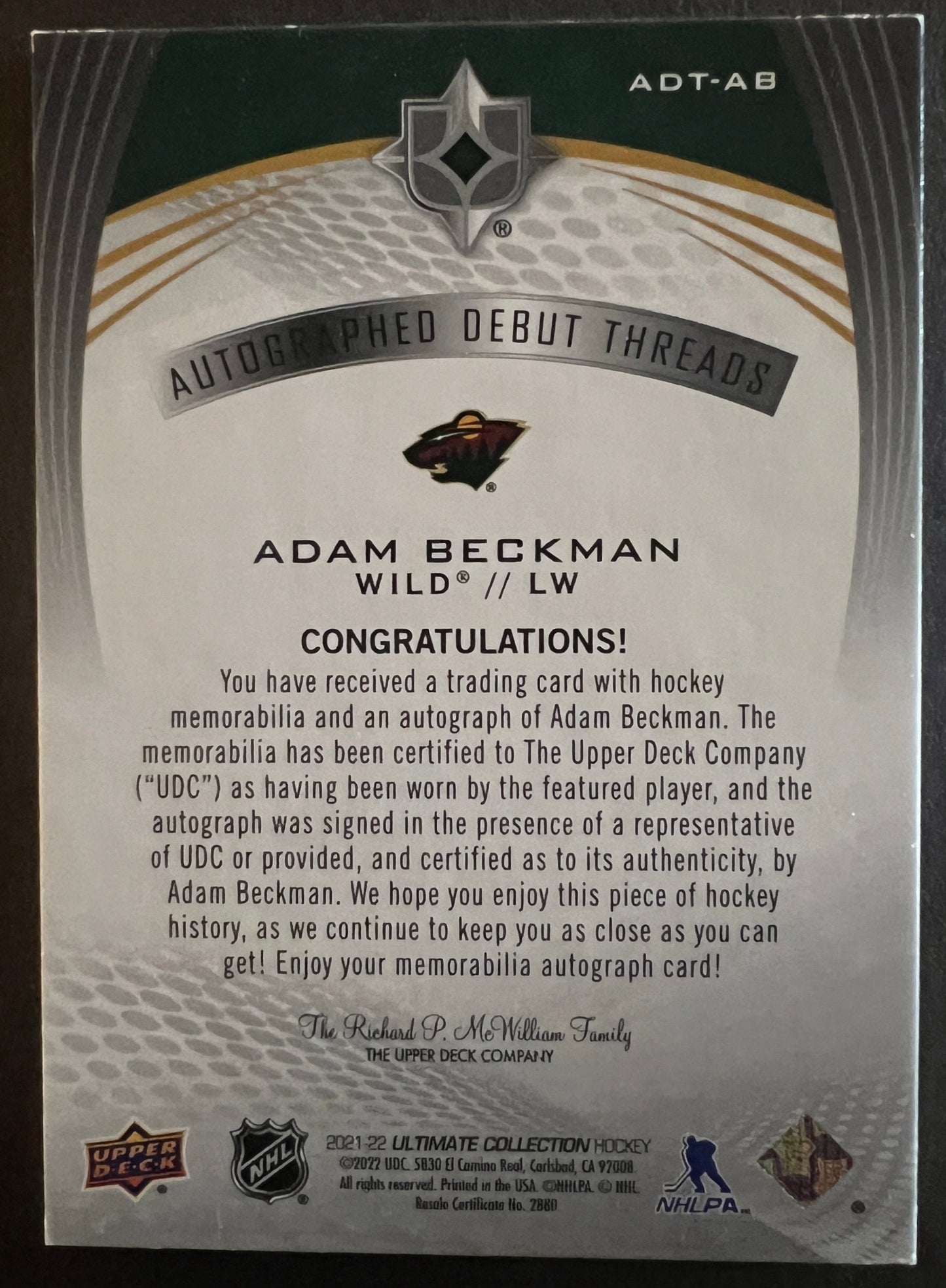 Adam Beckman Autographed Debut Threads /99 - 2021/22 Ultimate