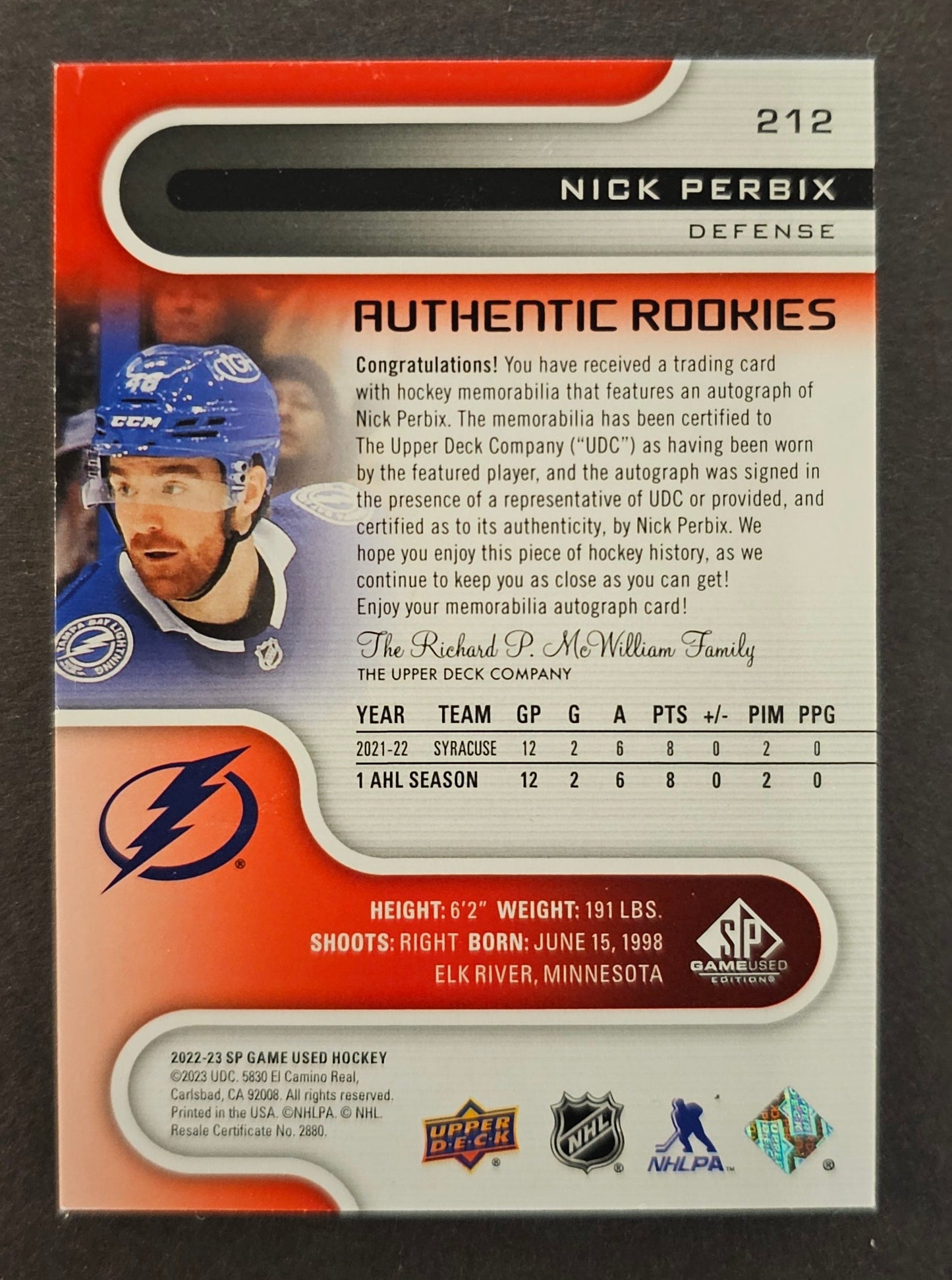 Nick Perbix Authentic Rookies Jersey Auto /149 - 2022/23 SP Game Used