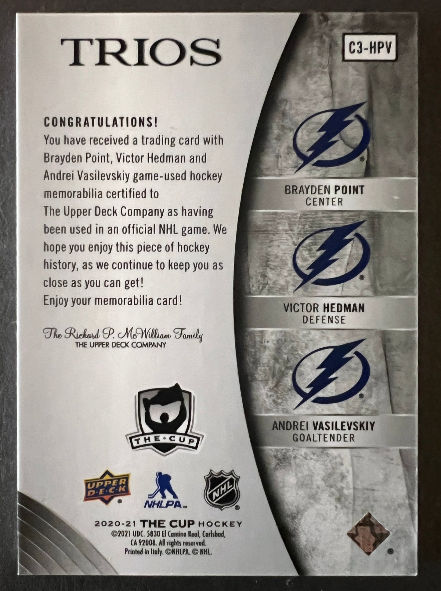 Point/Hedman/Vasilevskiy Trio Jerseys /35 - 2020/21 The Cup