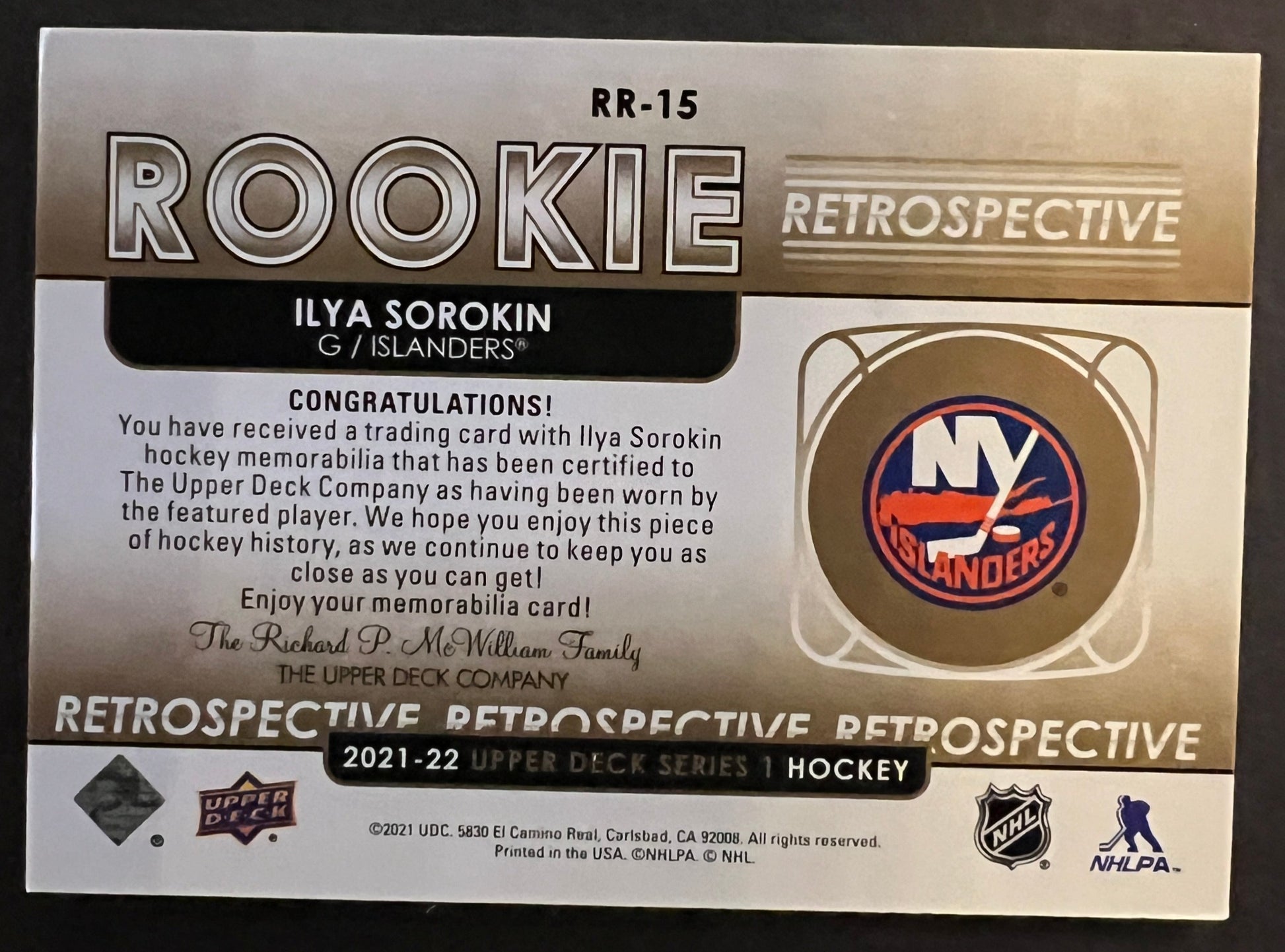 Ilya Sorokin Rookie Retrospective Gold Jersey - 2021/22 Series 1