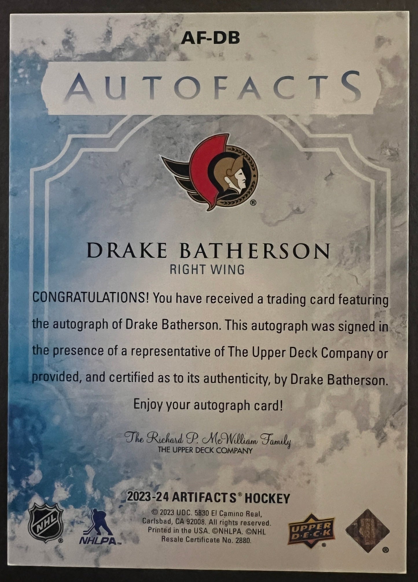 Drake Batherson Autofacts Auto - 2023/24 Artifacts