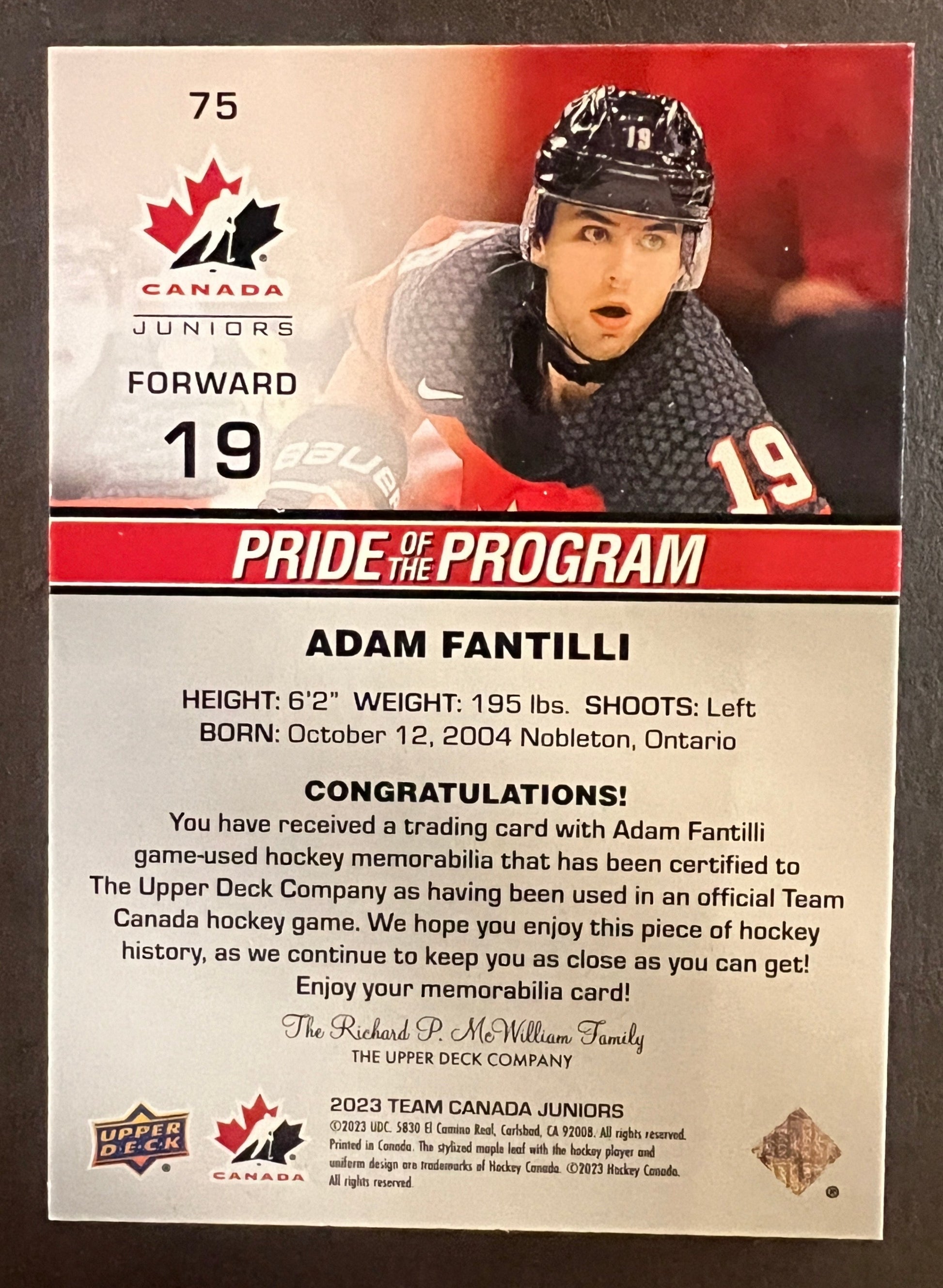 Adam Fantilli Pride Of The Program Jersey - 2023 Team Canada Juniors