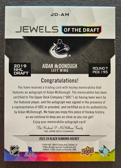 Aidan McDonough Jewels of the Draft Jersey Patch Auto /99 - 2023/24 Black Diamond