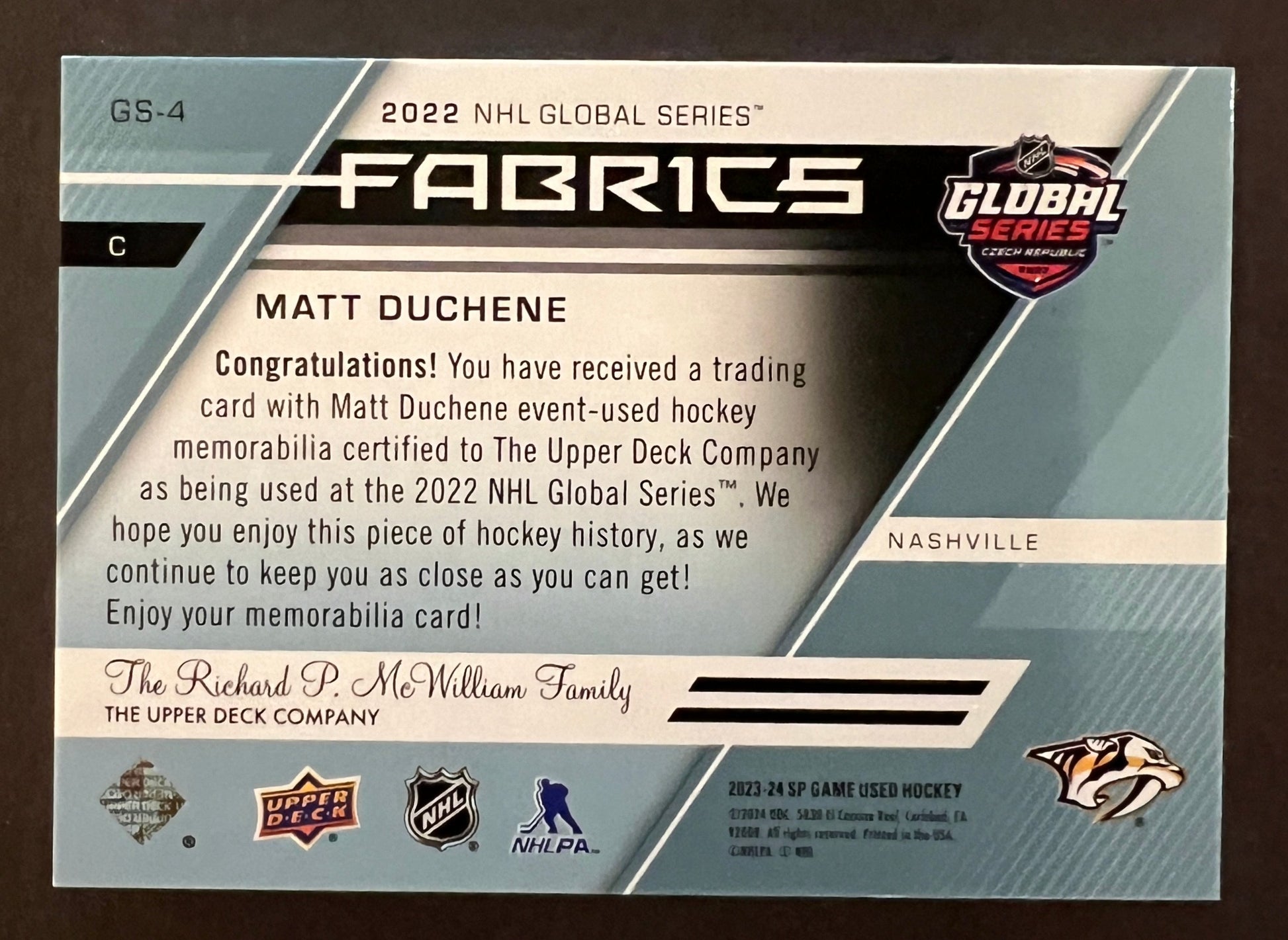 Nick Duchene Global Series Fabrics Tag /3 - 2023/24 SP Game Used