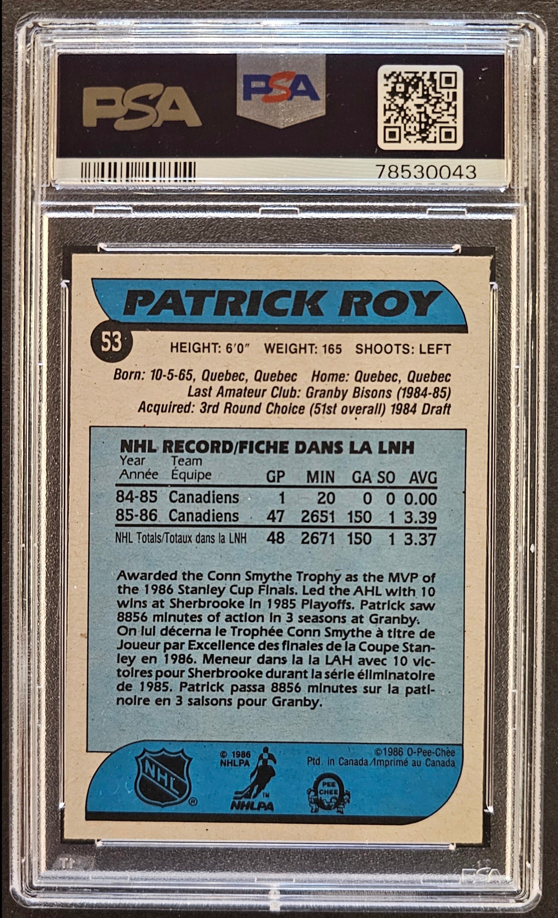 Patrick Roy Rookie Card #53 Graded PSA 8 - 1986 O-Pee-Chee