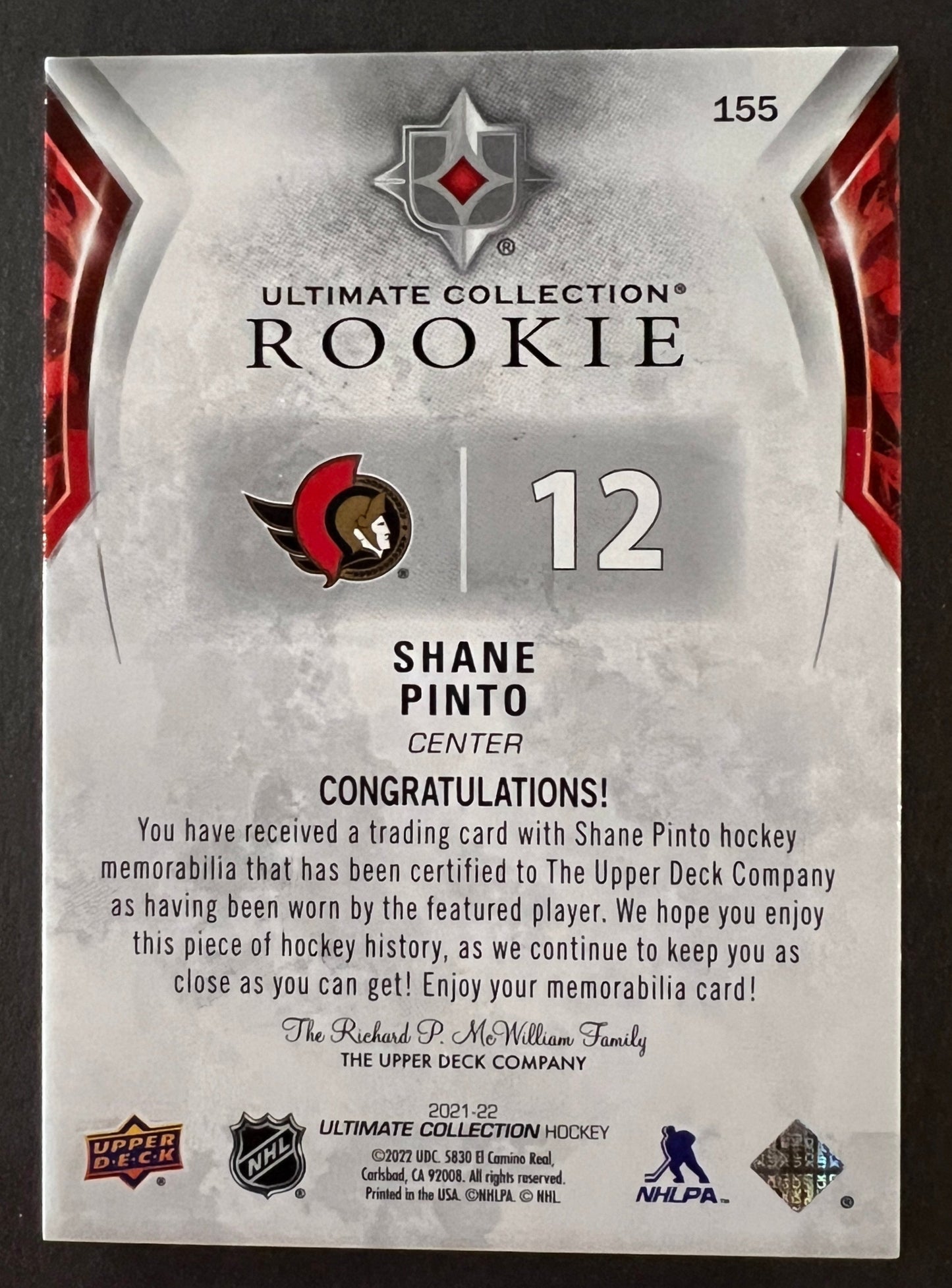 Shane Pinto Rookie Jersey /699 - 2021/22 Ultimate