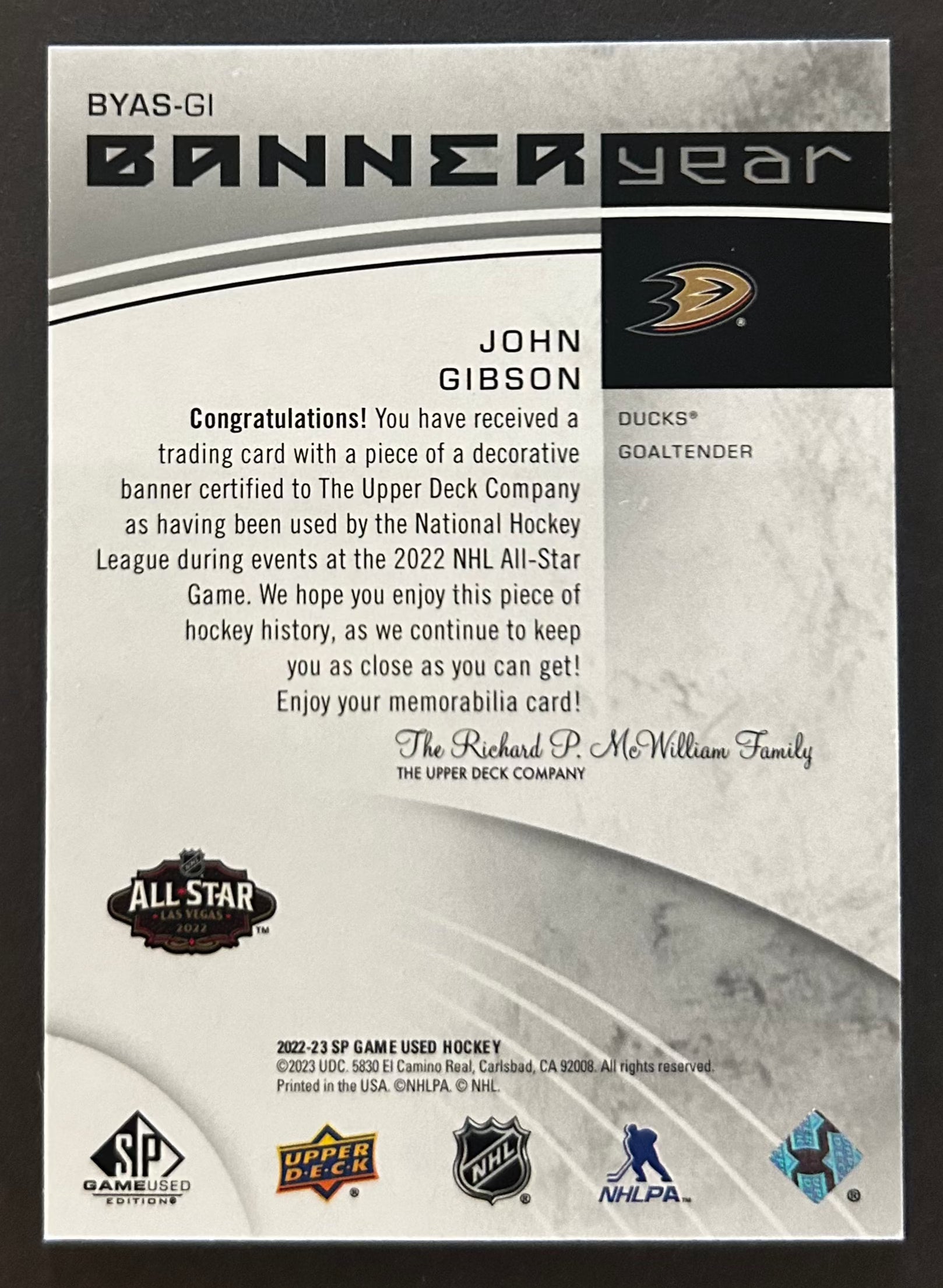 John Gibson All Star Banner Year - 2022/23 SP Game Used