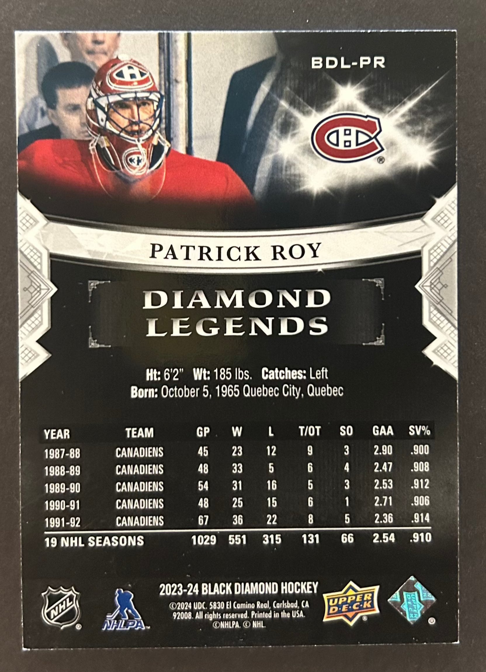 Patrick Roy Diamond Legends /299 - 2023/24 Black Diamond