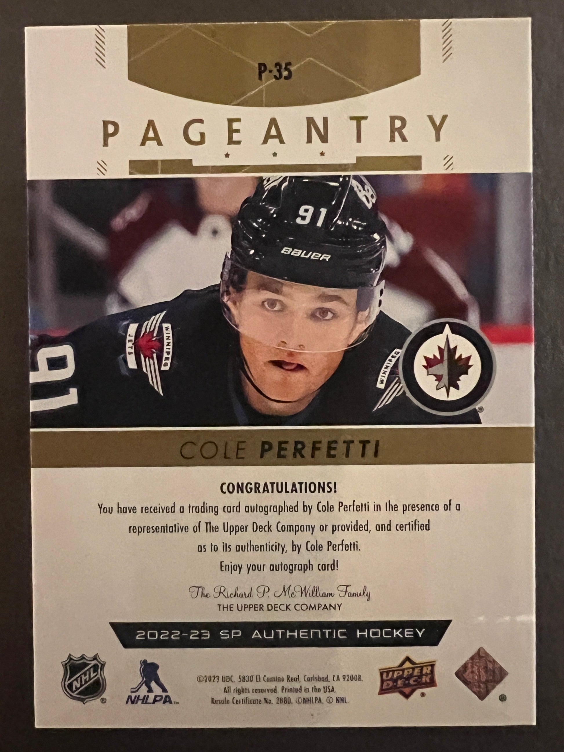 Cole Perfetti Pageantry Auto - 2022/23 SP Authentic