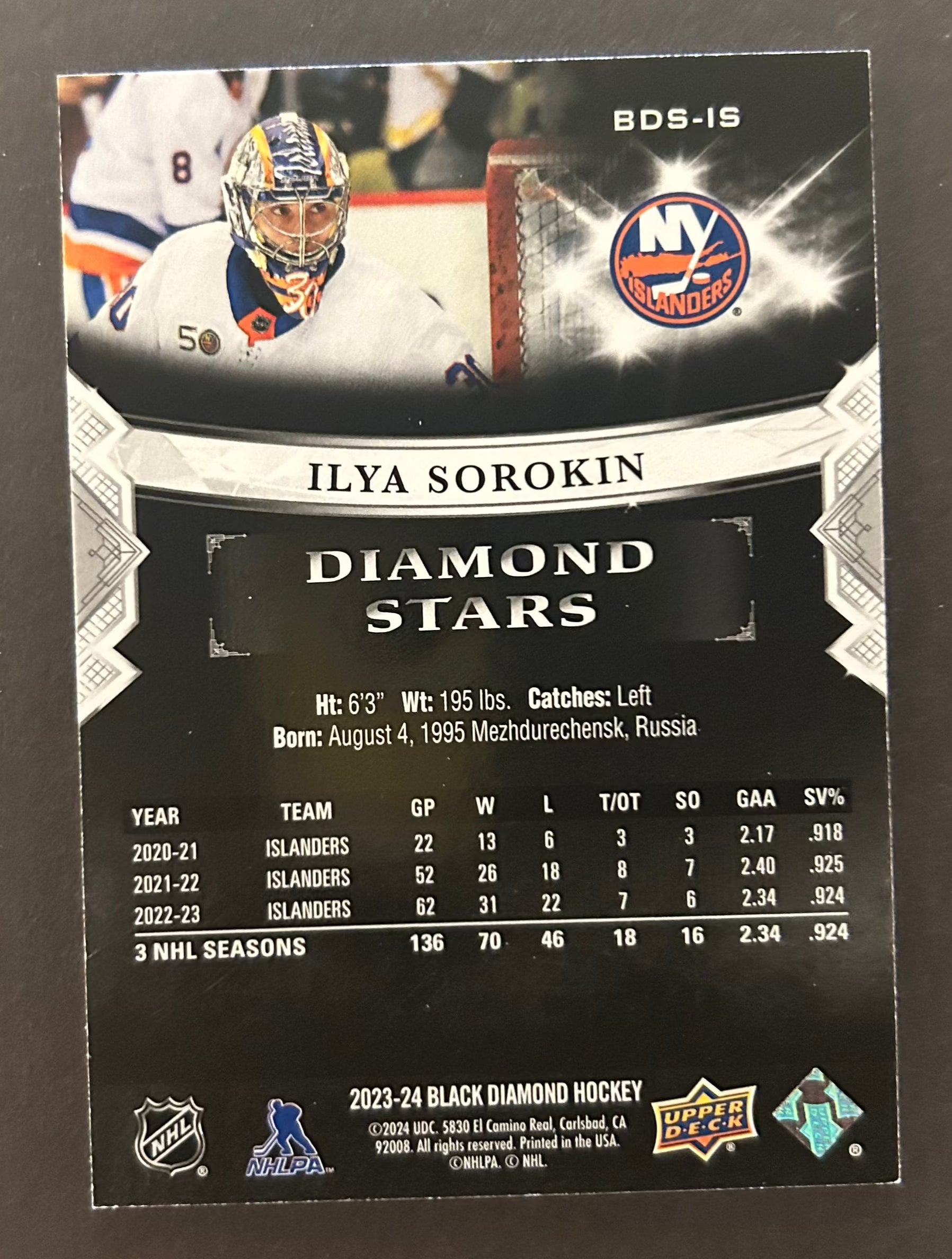 Ilya Sorokin Diamond Stars /299 - 2023/24 Black Diamond