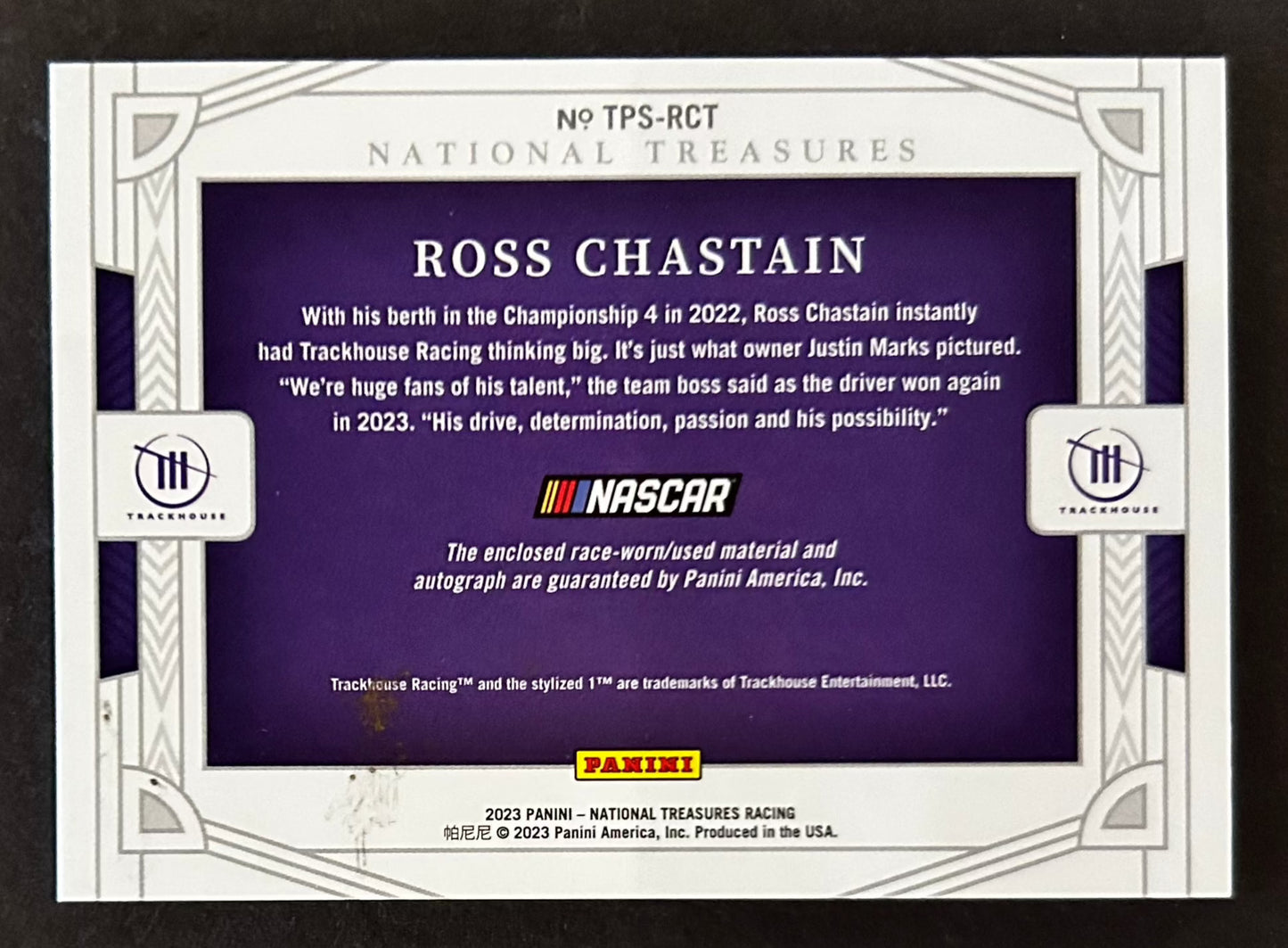 Ross Chastain Track Pass Patch Auto /49 - 2023 Panini National Treasures