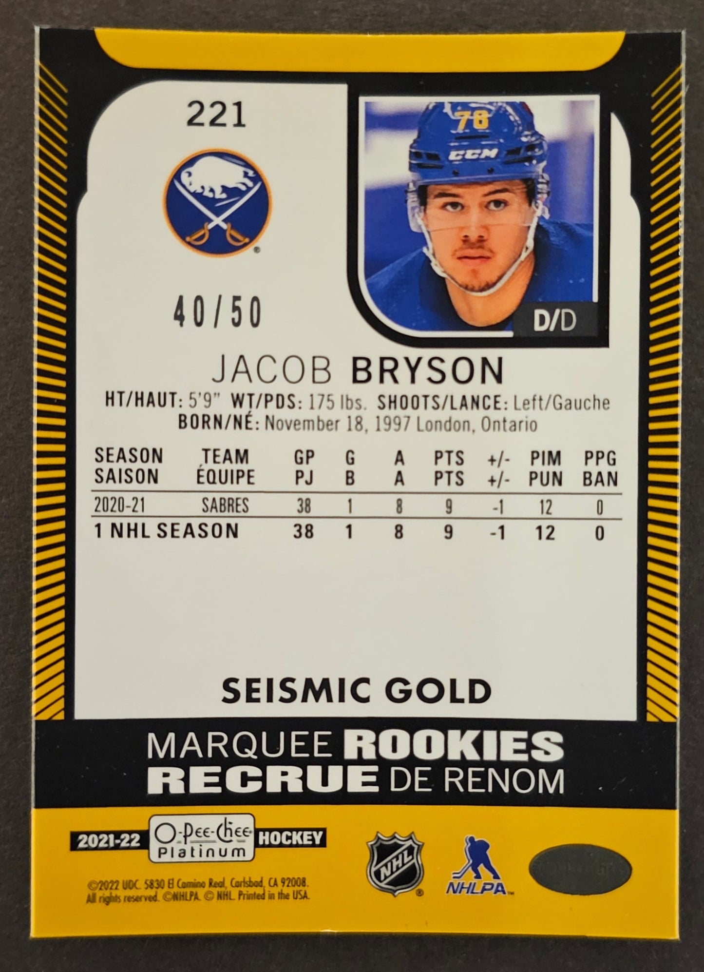 Jacob Bryson Marquee Rookies Seismic Gold /50 - 2021/22 O-Pee-Chee Platinum