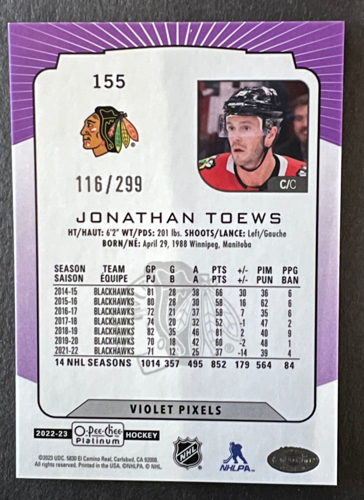 Jonathan Toews #155 Violet Pixels /299 - 2022/23 O-Pee-Chee Platinum