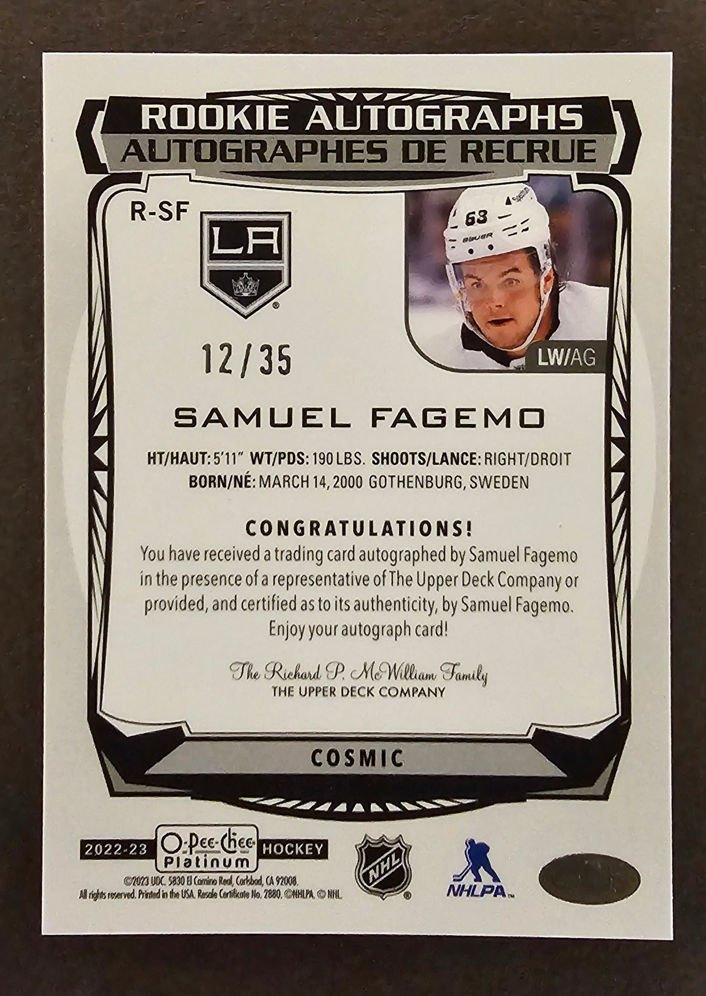 Samuel Fagemo Rookie Autographs Cosmic /35 - 2022/23 O-Pee-Chee Platinum