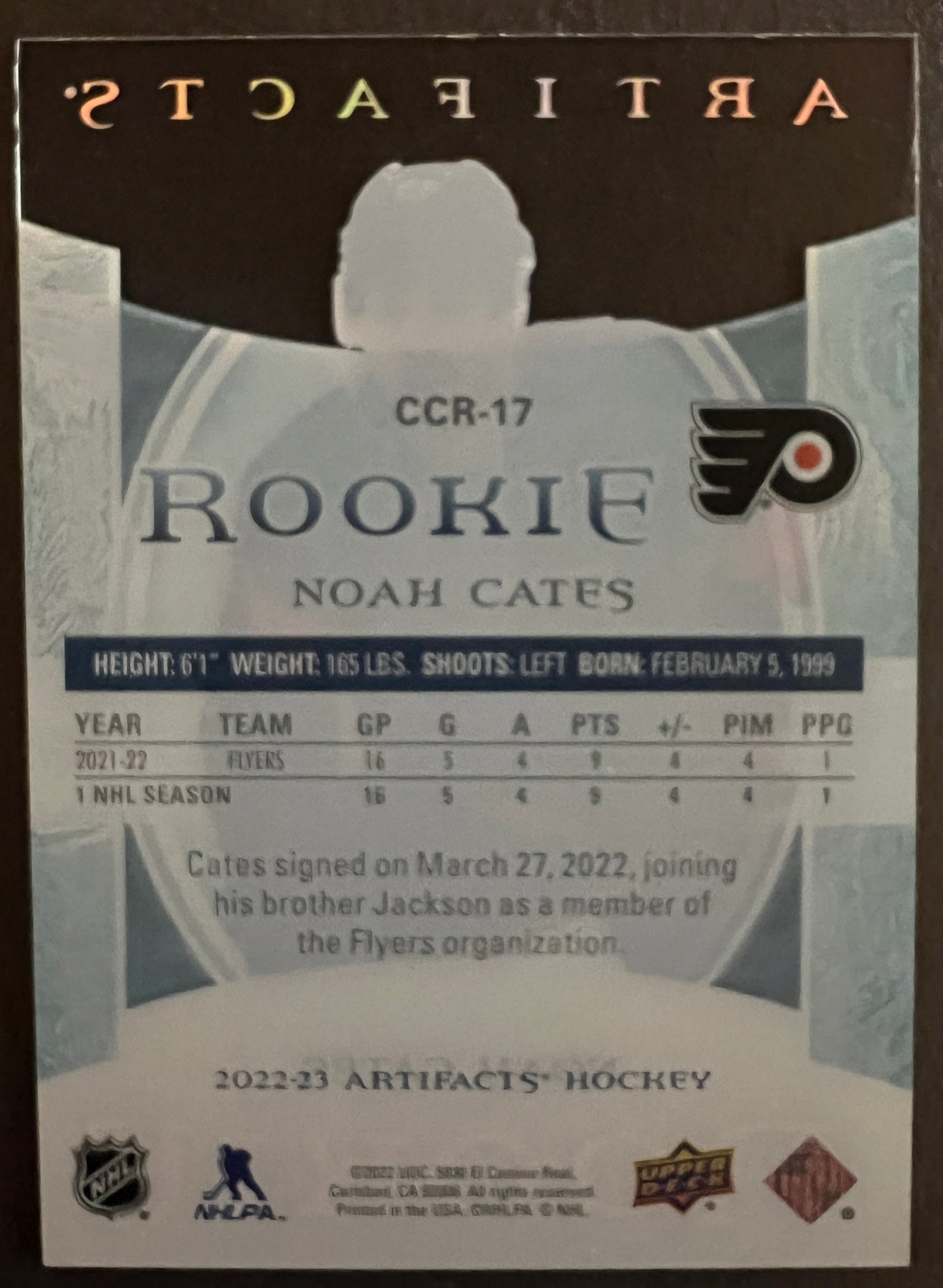 Noah Cates Artifacts Rookie Plexi - 2022/23 Artifacts