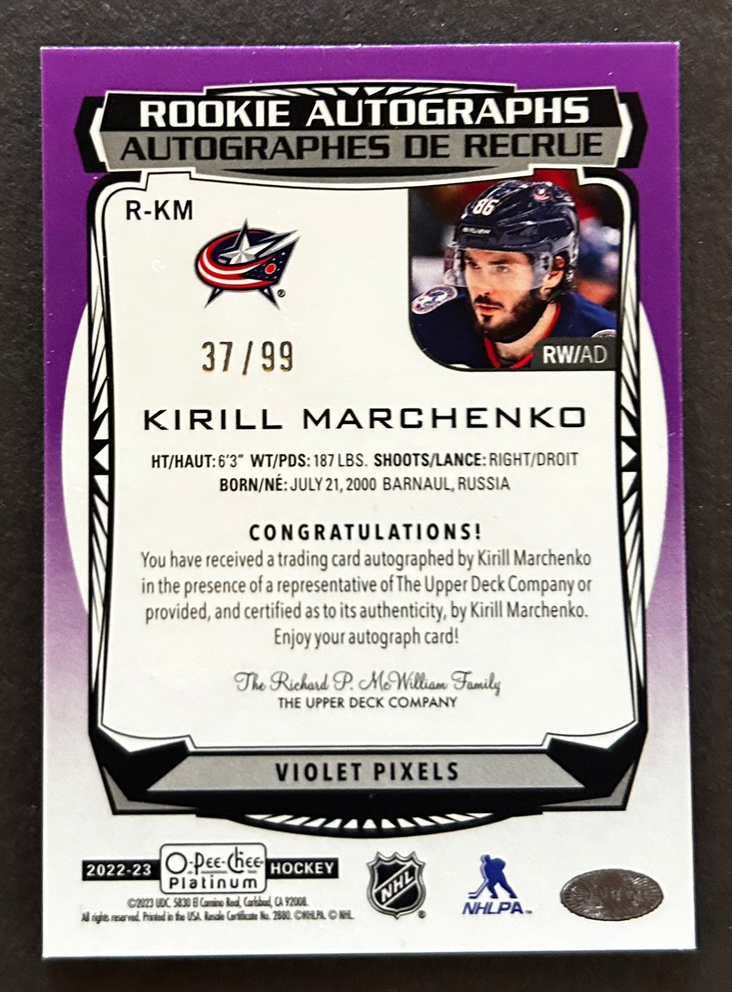 Kirill Marchenko Violet Pixels Rookie Auto /99 - 2022 O-Pee-Chee Platinum 