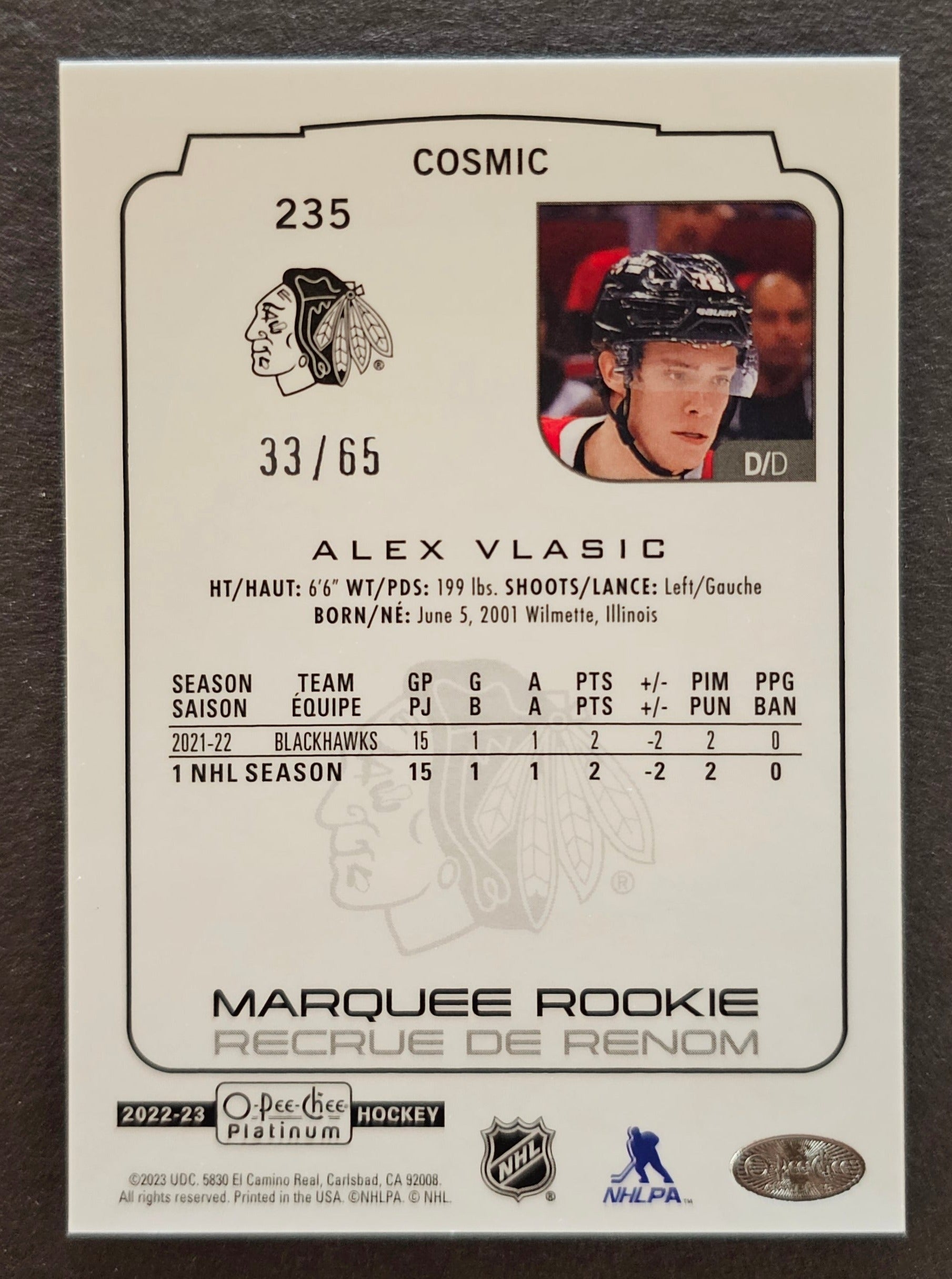 Alex Vlasic Marquee Rookie Cosmic /65 - 2022/23 O-Pee-Chee Platinum