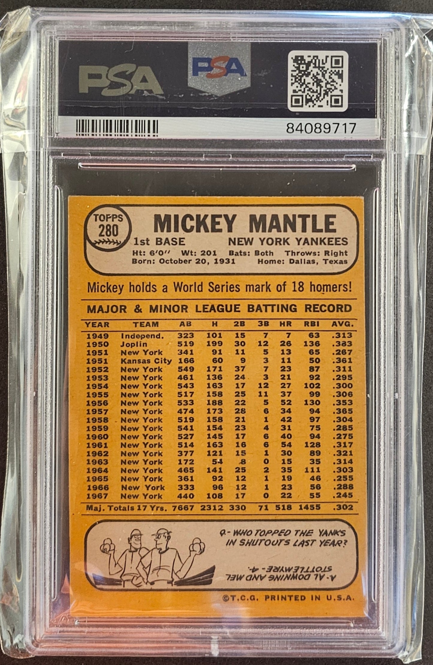 Mickey Mantle #280 Yankees Graded PSA 2.5 - 1968 Topps