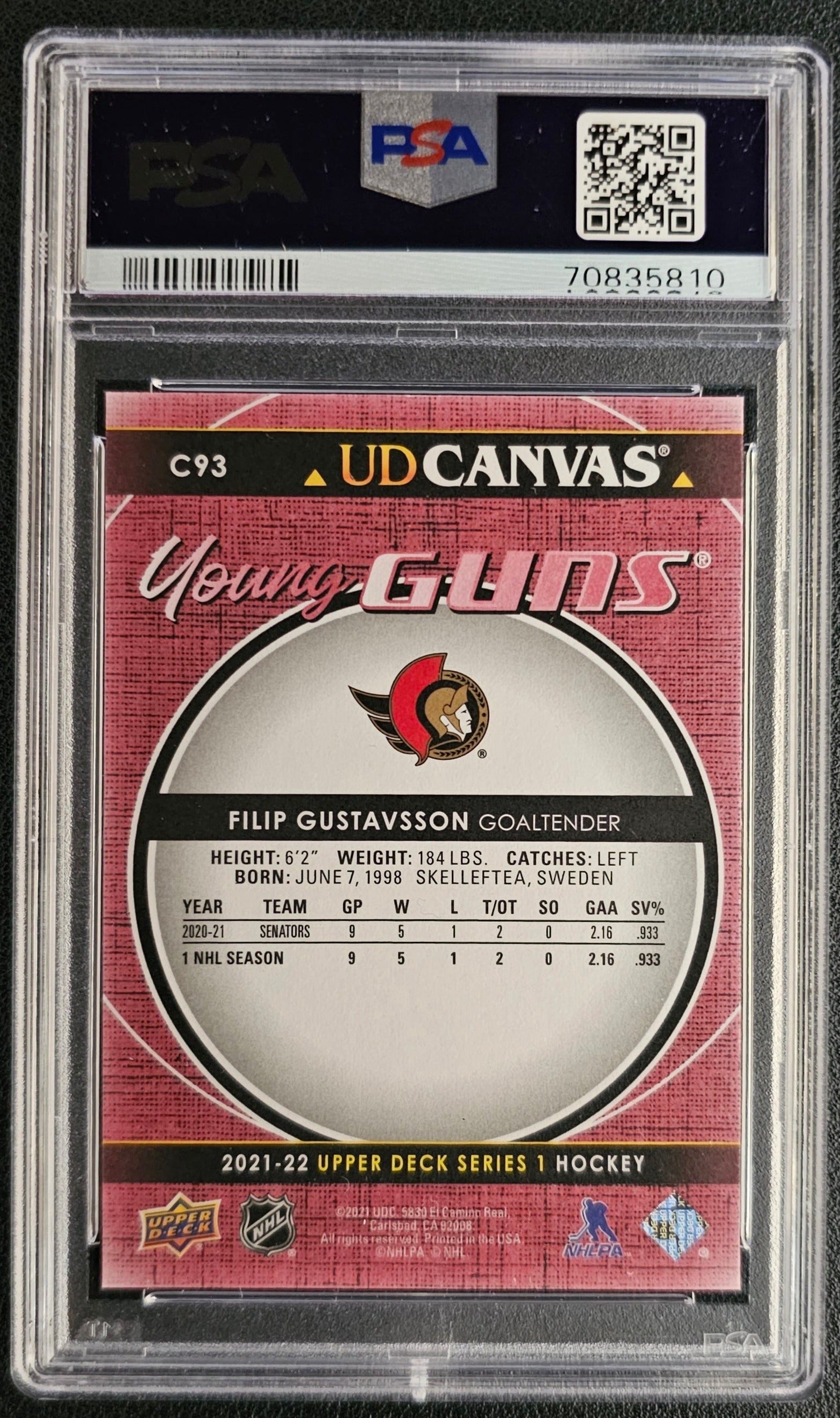 Filip Gustavsson Young Guns Canvas (Rookie) Graded PSA 10 - 2021/22 Series 1