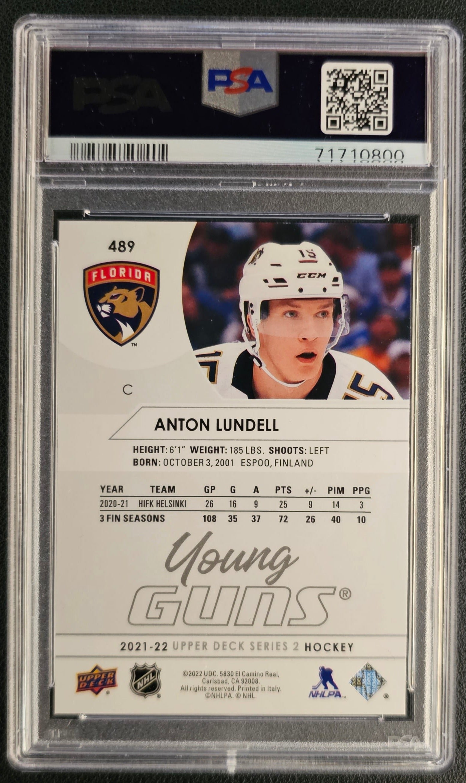 Anton Lundell Young Guns (Rookie) #489 Graded PSA 10 - 2021/22 Series 2